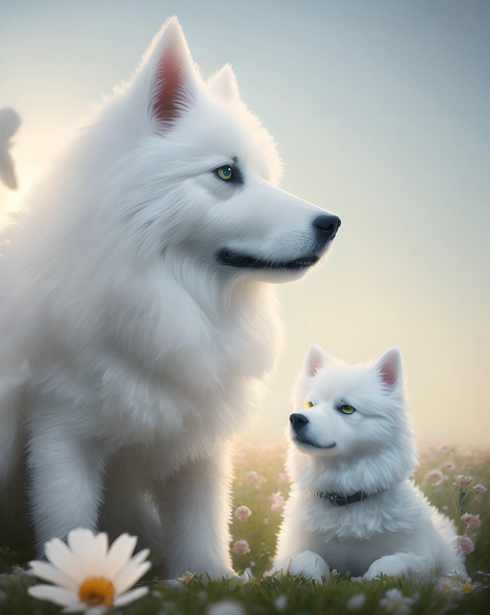 There are two white dogs sitting in a flower field, Samoyed dogs, furry full of light, soft volumetric light, (backlight: 1.3), (movie: 1.2), intricate details, (ArtStation: 1.3), Rutkowski