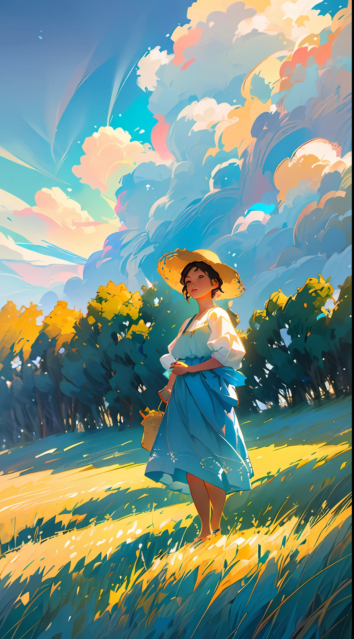 A peasant uncle with a straw hat stands in a wheat field, big clouds, blue sky, rice field, neat rice seedlings in the field, forest, hillside, secluded, countryside, HD detail, hyperdetail, cinematic, surrealism, soft light, deep field focus bokeh, ray tracing and surrealism. --v6