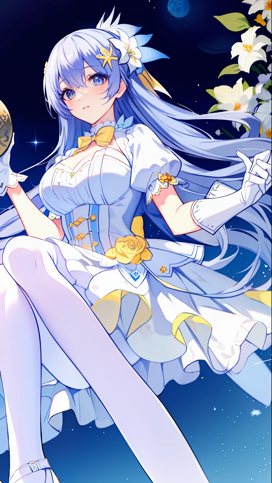 Left-facing, ((((Masterpiece)))), (((Best Quality))), (((Very Detailed))), Detailed Fingers, Illustration, 1 Girl, Solo, Long Sky Blue Hair, Violet Colored Eyes, Flower Hair Ornament, White Feather Hair Ornament, Yellow Moon Hair Ornament, Wide Open Chest, Large Breasts, Large White Ribbon at the Waist, Yellow Idol Dress, With White Flowers, Choker with Yellow Ribbon, White Gloves, White Tights , Yellow Shoes, MIKU, Royal Elegant Pose,