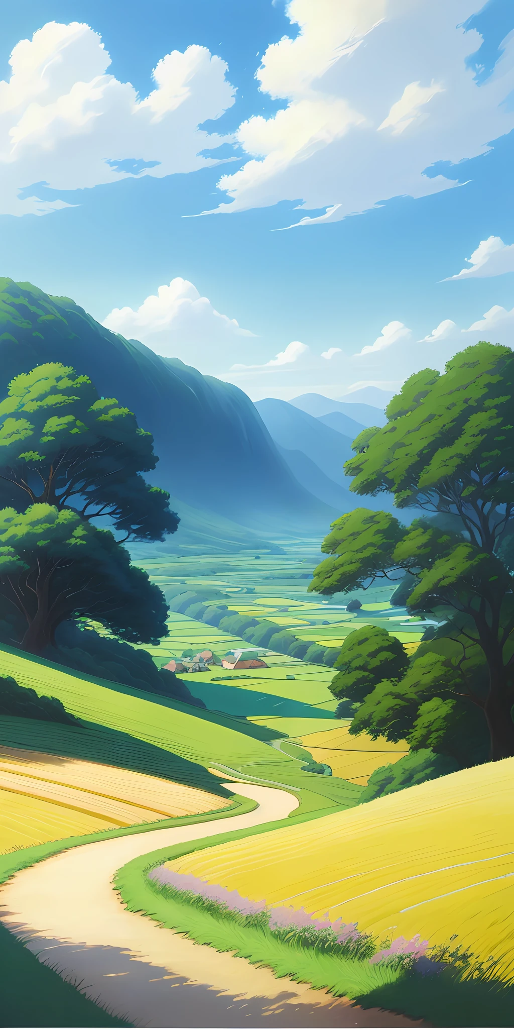 Realistic, real, beautiful and stunning landscape oil painting Studio Ghibli Hayao Miyazaki Petals Grassland Blue Sky Grassland Country Road --v6