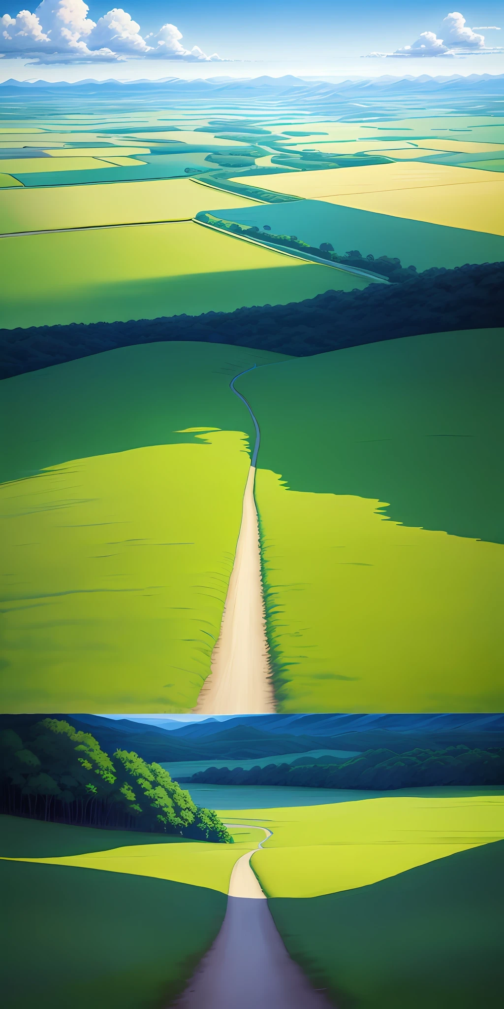 Realistic, real, beautiful and stunning landscape oil painting Studio Ghibli Hayao Miyazaki Petals Grassland Blue Sky Grassland Country Road --v6