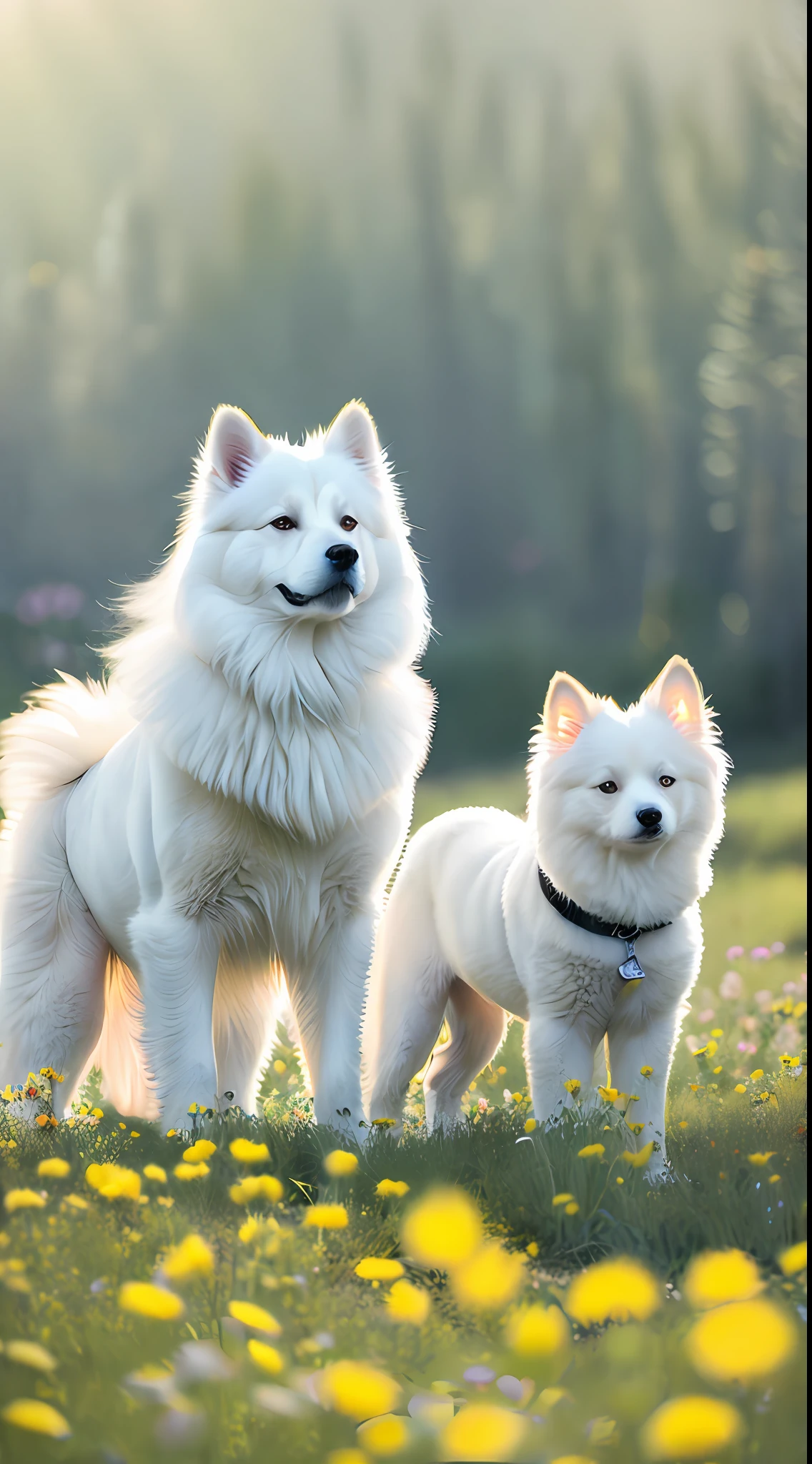 There are two white dogs sitting in a flower field, Samoyed, one big and one small, the small one looking at the big one, furry full of light, soft volumetric light, (backlight: 1.3), (movie: 1.2), intricate details, (ArtStation: 1.3), Rutkowski