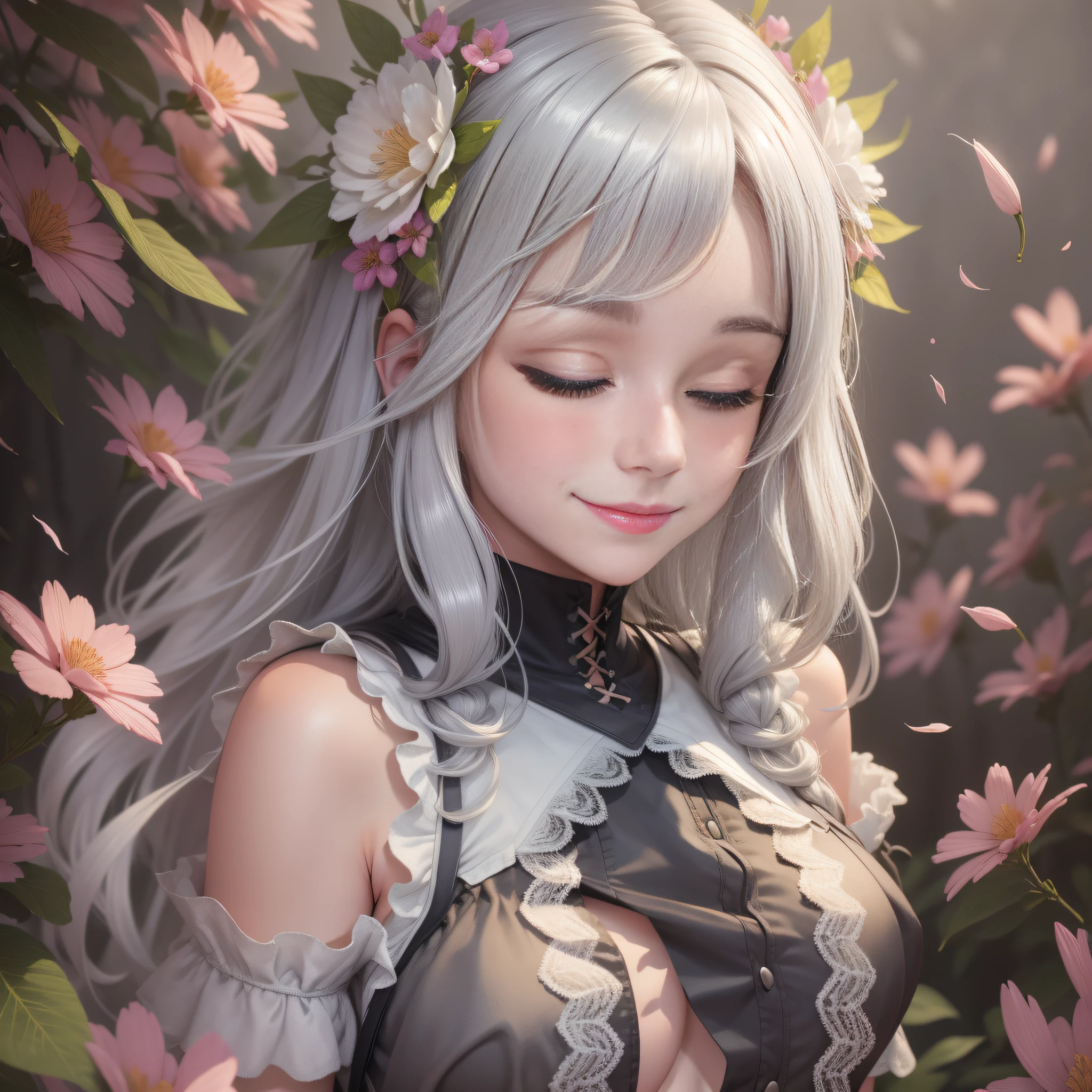 straight-on,upper body,nature,game cg,medium hair,silver_hair/silver_eyes,looking at viewer,smile,one eye closed,halter dress ,the petals fall,Point of light,hair ornament,1girl,pantyhose,arms behind back,lace-up boots,close-up, masterpiece,best quality,