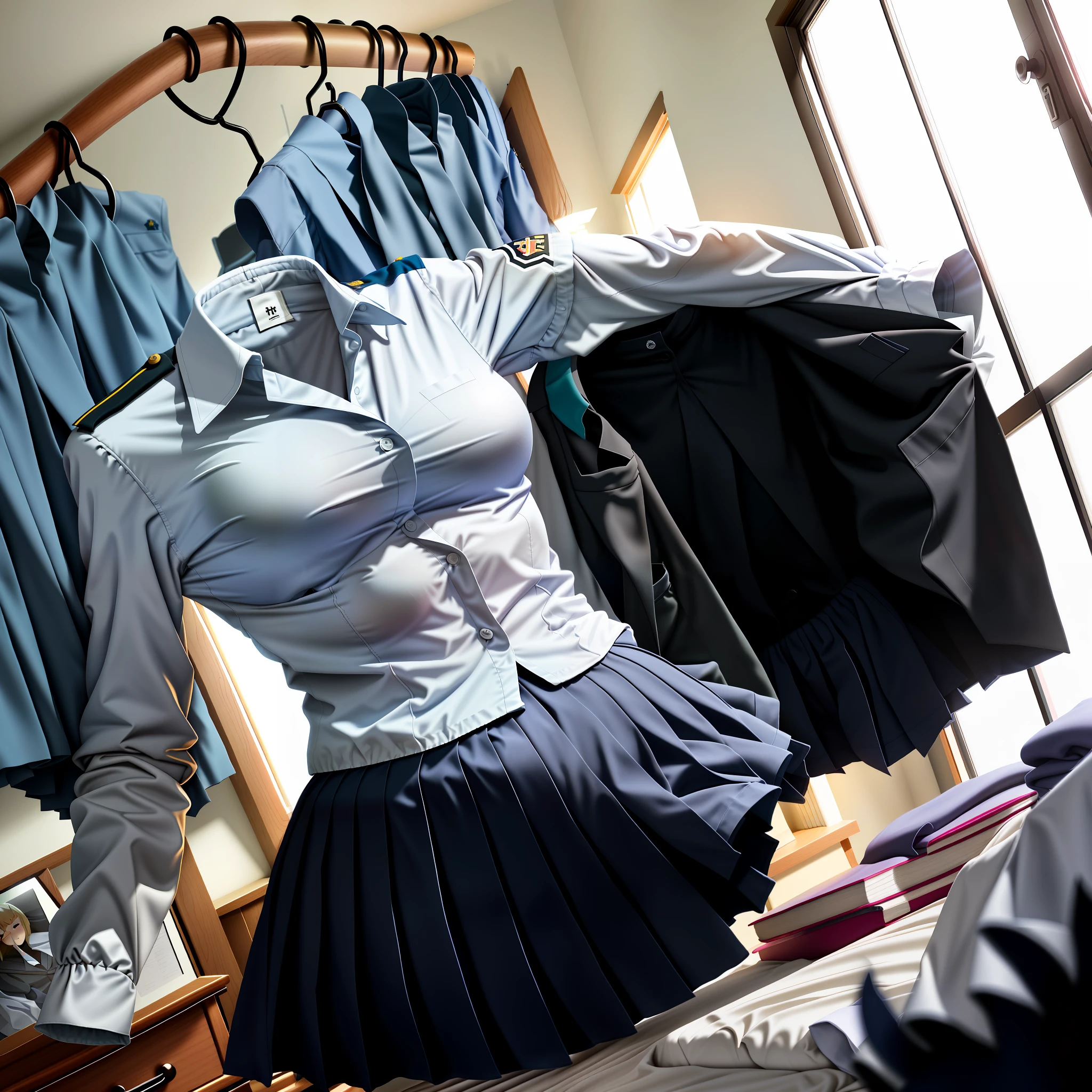 Invisible girls, without humans, headless, uniforms worn by invisible girls, (realistic: 0), headless, empty, headless, headless, invisible girl, uniforms, empty clothes, invisible body, invisible head, empty clothes, invisible girls, uniforms, invisible body, invisible head, clothes has big breasts,black tights, lying uniforms on the bed swells as if invisible girls wearing them, girl's busty uniforms begin to raise their sleeves and cross their sleeves on its own as if worn by invisible girls, Hyohon, invisible body, headless, empty clothes, put school uniforms on the bed, invisible girls, high angle