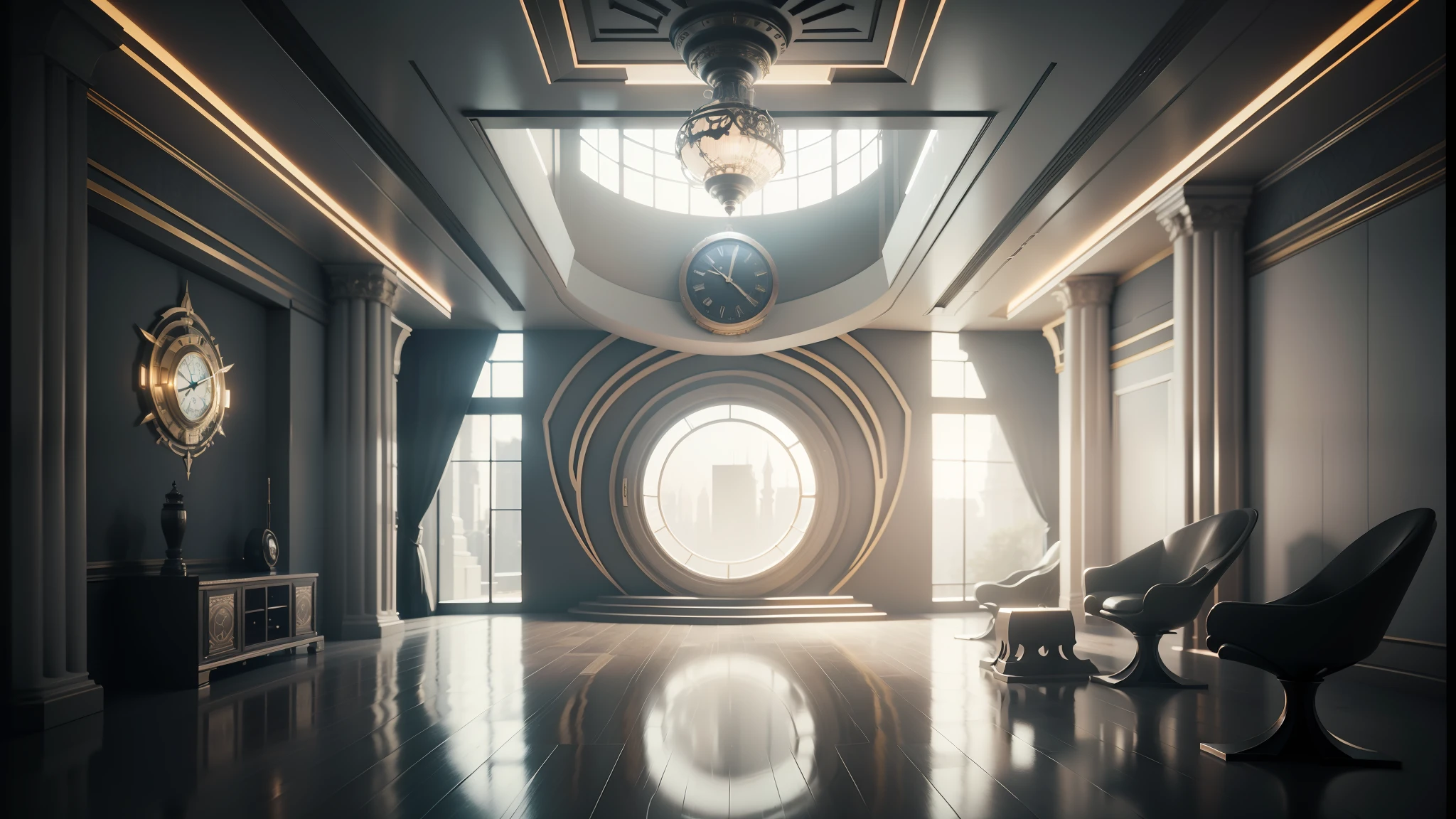 there is a room with a clock and a chair in it, futuristic persian palace, cinematic smooth unreal engine, unreal engine cinema4d, cinematic unreal 5, cinematic render unreal engine, futuristic palace, futuristic. game cg, cgsociety 9, cinematic architectural scale, cinematic design, cgsociety unreal engine, cinematic unreal engine, cinematic unreal engine 5, unreal engine 5 render --auto --s2
