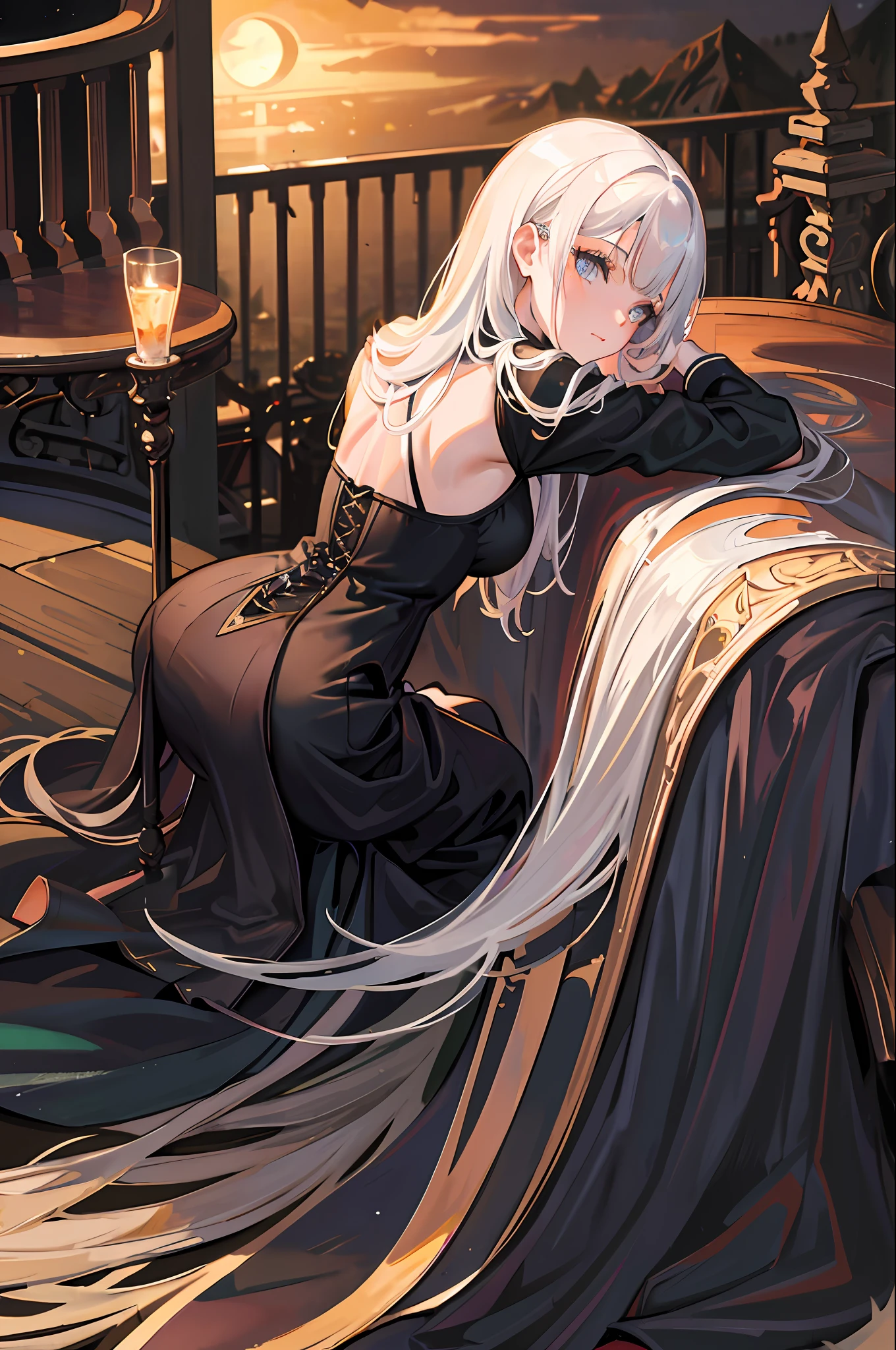 (best quality:1.3),(masterpiece:1.1),(illustration:1.2),(ultra-detailed:1.2),beautiful detailed eyes,(Gothic:1.2),
(Extremely detailed background:1.1),(forest:1.2),(mountain), night, moon,castle on the distant mountain,
(bent over:1.3),(butt:1.2),looking back, (raise butt:1.2),(close to the butt:1.3),
(1girl in Balcony:1.4),Balustrades on balcony,(wariza:1.2),(sitting:1.3)
(1girl:1.3),(solo:1.3),(white hair),(long hair:1.1),full body,black stocking,
tulle,dress,Bodysuit,back cutout,clothing cutout,