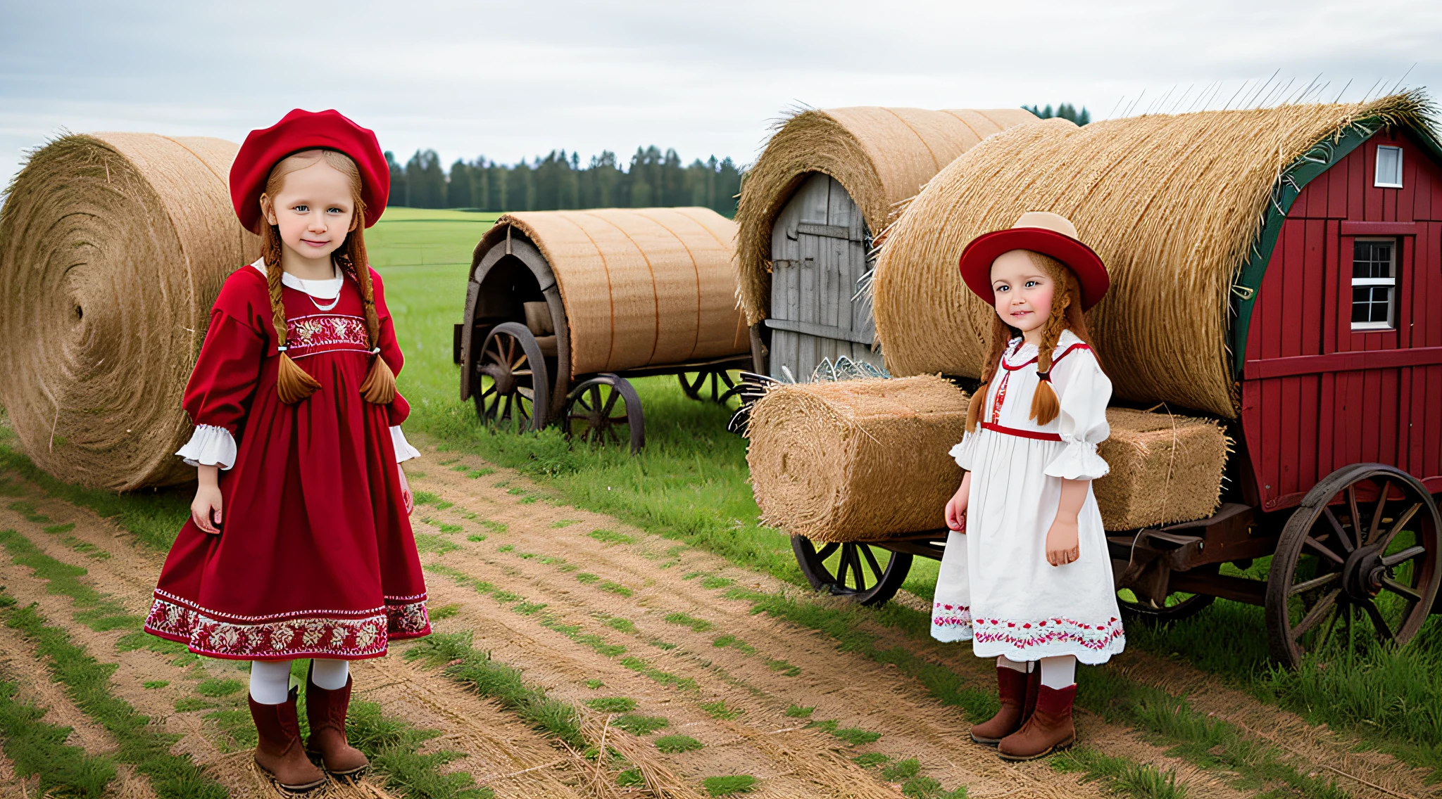 Russian style, children girl, portrait, long red hair of braids with hat, farmer style, with rolls of hay and wheat and horse, barns, birds.