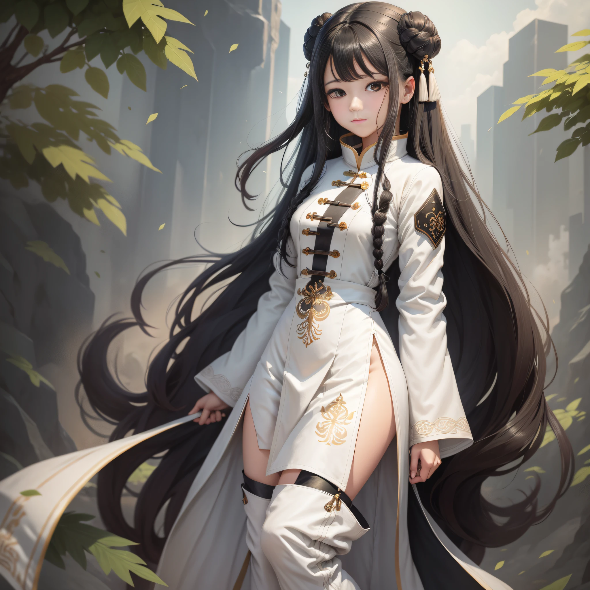 1girl, black long hair, brown eyes, {{white chinese clothes}}, detached wide sleeves, trench , {white pants}, {{black knee boots}}, fantasy, full body, white background, arms behind back, {21 years old},