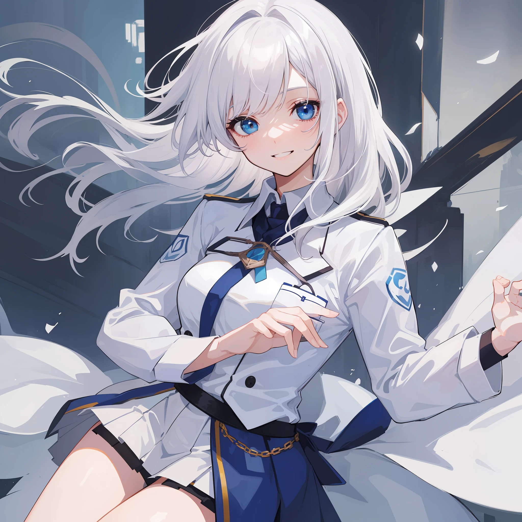 Girl with white hair and blue eyes, wear highschool uniform, and harm smile