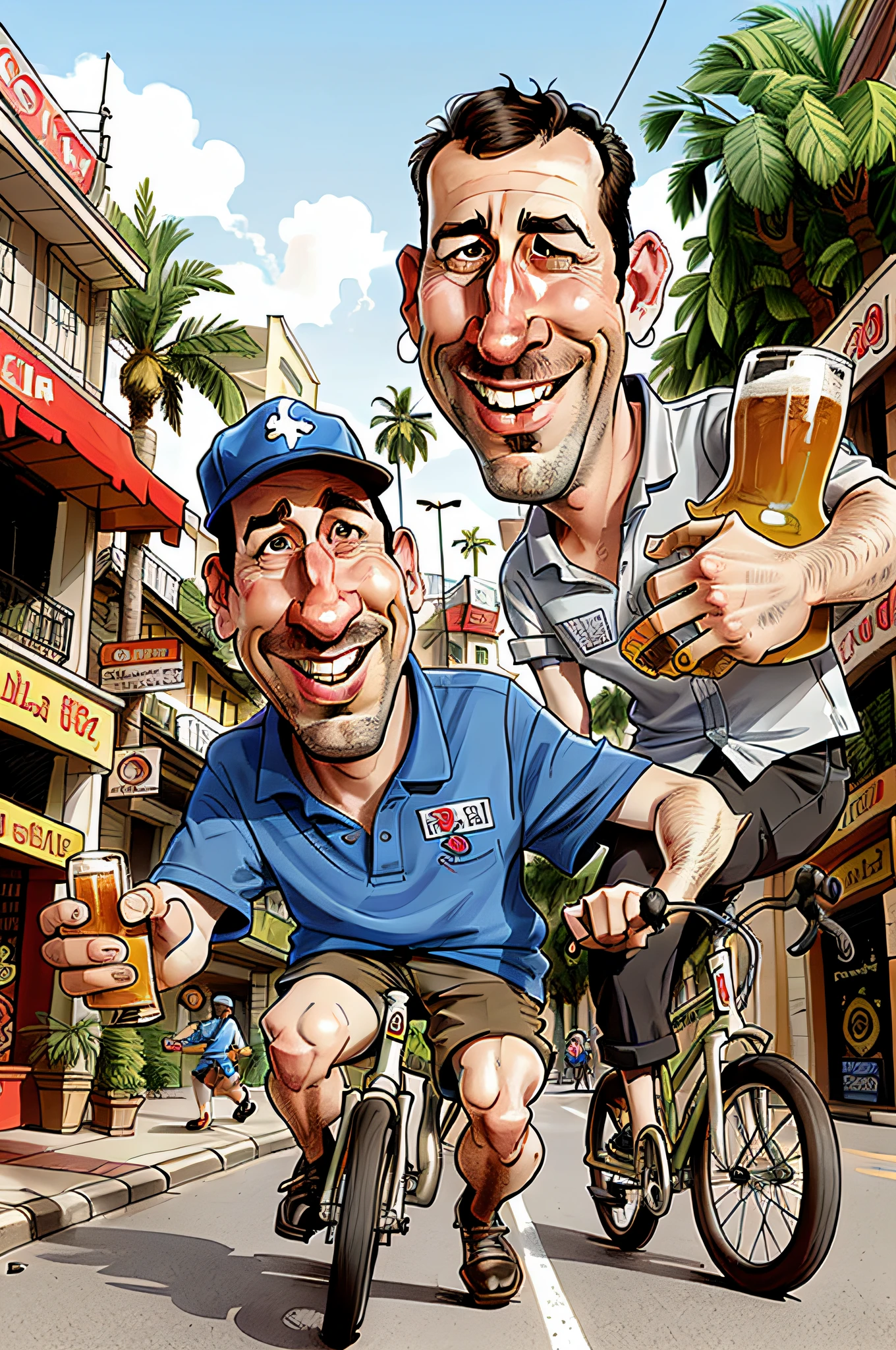 caricature, Adam Sandler portrait,man holding a beer and riding a bicycle in the streets of Saigon,