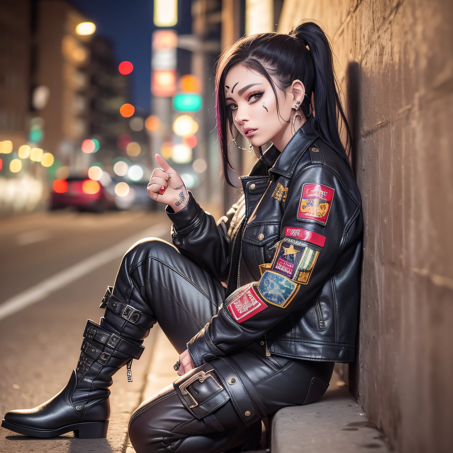 "(Masterpiece) (UHD) (Realistic) (Jacket+Boots+Shirt), (Badass Woman) with (Piercings) and (Face Tattoos x1.1), (Leaning on a Wall x1.1) at (Night Time), emphasizing the (Full Body) with a (Dirty Face x0.91) and a (Cute Face x0.91)."