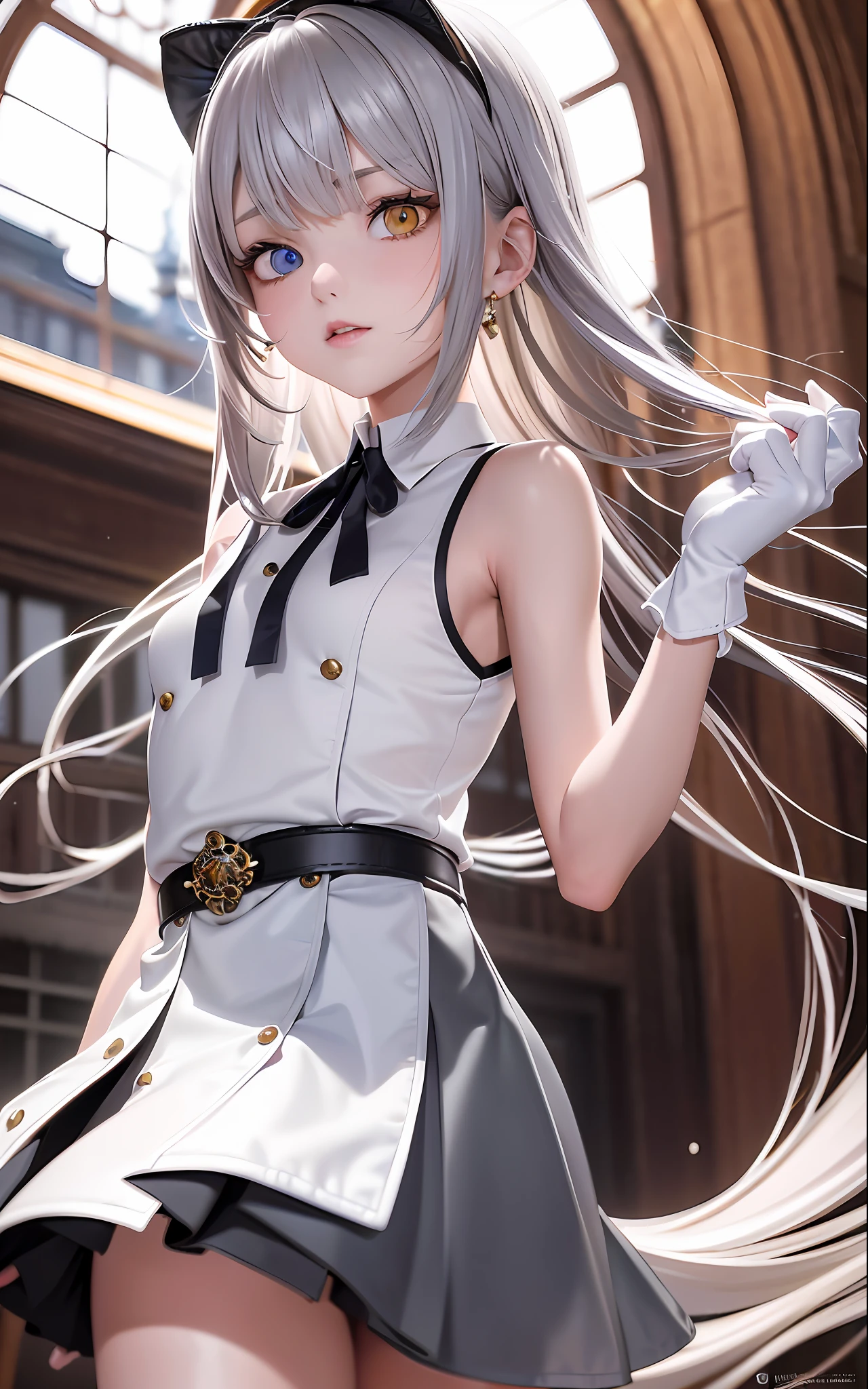Superb Quality, Masterpiece, High Resolution, Best Quality, UHD, Super Detail, Award-Awarded, 16k, (Upper Body), A Beautiful Maiden, Gray Hair, Hair, ((Heterochromia)), Hanging Corners, Fair Skin, (Small Breasts), (Slim Body), (Japanese Student Uniform Including Small Shoulder-length Blazer and Short Skirt)), (Neck Ring), (Short Gloves with Palm Lengths)