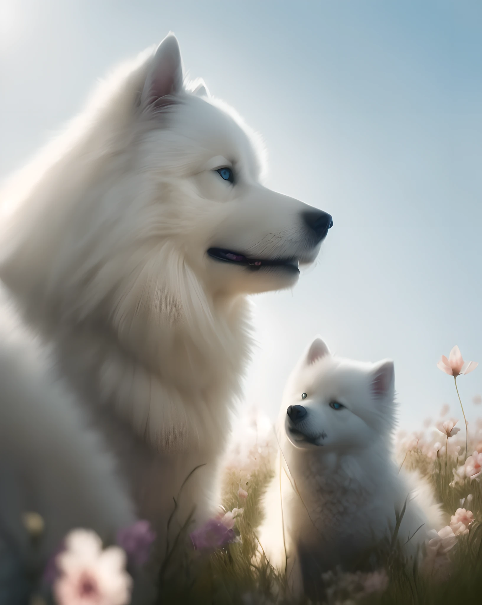 There are two white dogs sitting in a flower field, Samoyed dogs, furry full of light, soft volumetric light, (backlight: 1.3), (movie: 1.2), intricate details, (ArtStation: 1.3), Rutkowski