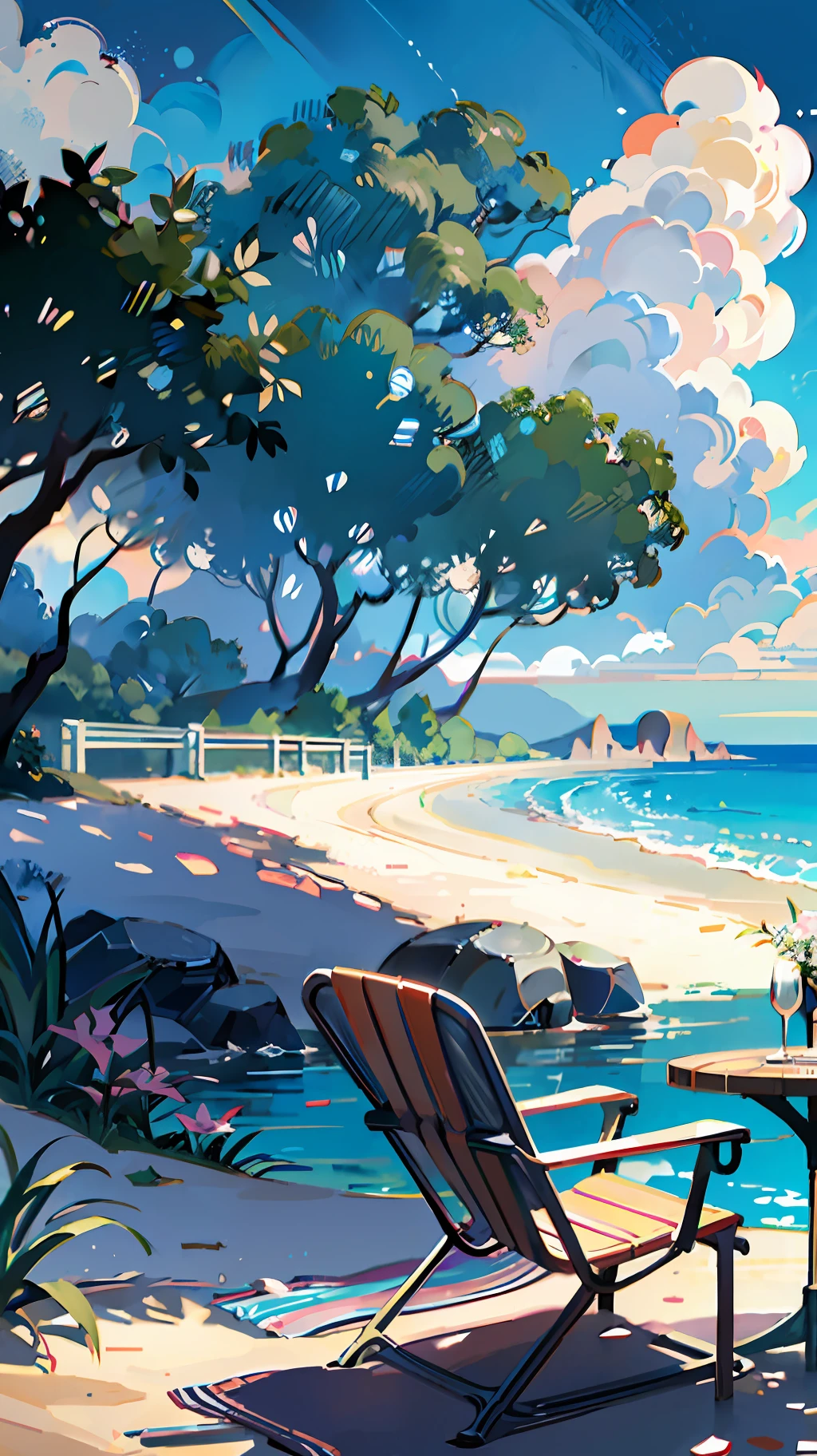there are two lounge chairs and an umbrella on the beach, relaxing concept art, anime background art, anime scenery concept art, anime background, beautiful anime scenery, painted in anime painter studio, anime beautiful peace scene, anime scenery, background art, beach background, sunny day at beach, scenery artwork, by Shitao, island background, ross tran. scenic background