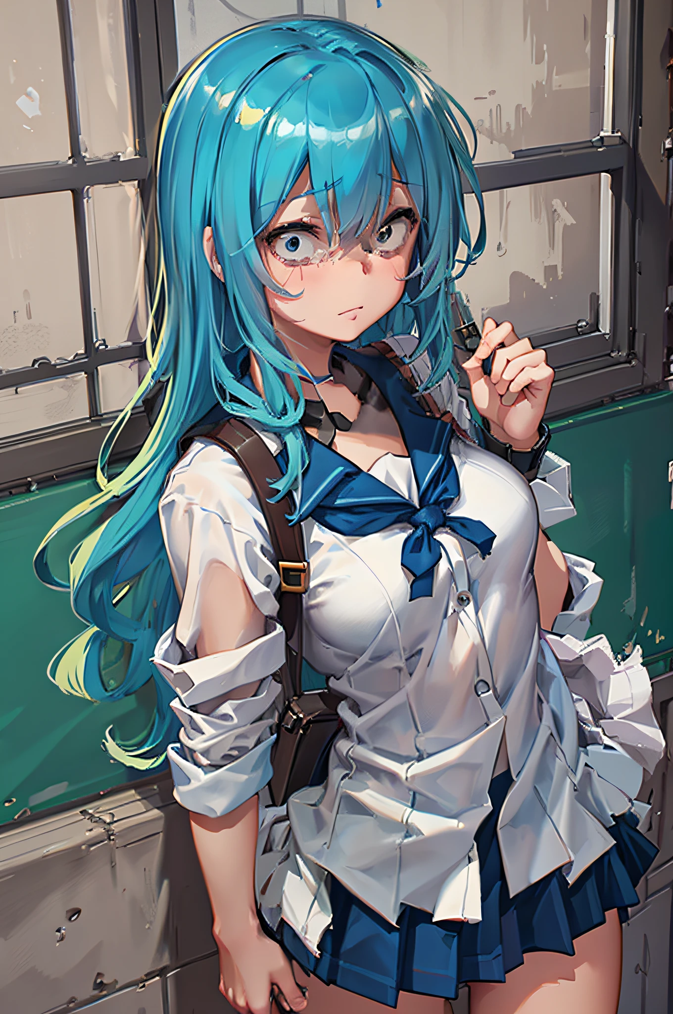 1girl, blue hair, slender, small breasts, ((schoolgirl, face portrait)), masterpiece, high resolution, high quality, 8k, artstation, best quality, classroom, sunny, cozy