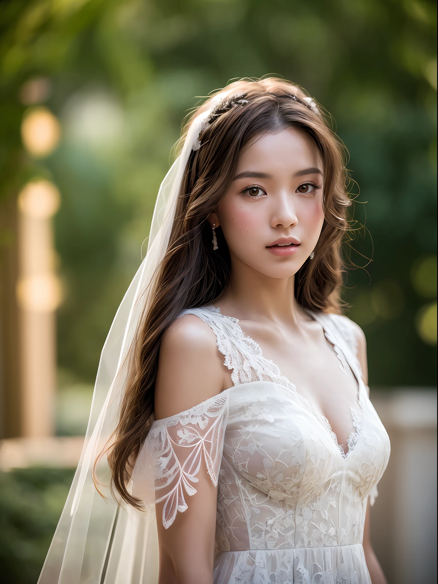 Ashleigh Emmalee, very young, beautiful, 8k, , (1girl:1.2), whole body, far angle camera, wear fashionable lace wedding dress: 0.75, different design weeding dress, nude:1.5, , in a church, elegant poses, dynamic shot, masterpiece, best quality, ultra-detailed, ultra realistic:1.5, photorealistic:1.5 , analog style, bokeh, skin pores, (skin texture), (film grain:1.3), (warm hue, warm tone:1.2), cinematic light, sidelighting, ultra high res, best shadow, RAW, upper body, photoshoot by DSLR, Fujifilm XT3, medium full shot