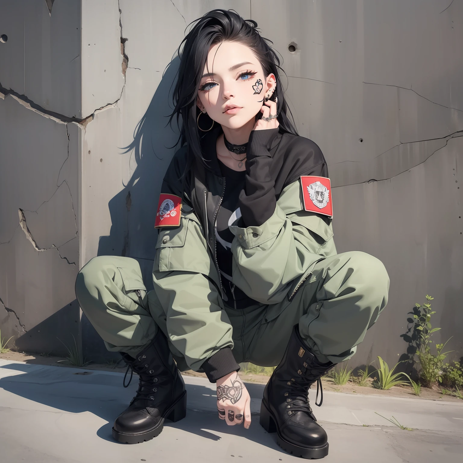 BREAK (UHD) (Real) (Masterpiece) featuring a (Badass Woman) wearing (Jacket+Boots+Shirt). She has (Piercings), (Face Tattoos x1.1), and a (Dirty Face x0.91) but also a (Cute Face x0.91). She is (Leaning on a Wall x1.1) in the (Night Time) and the image is (Full Body).BREAK