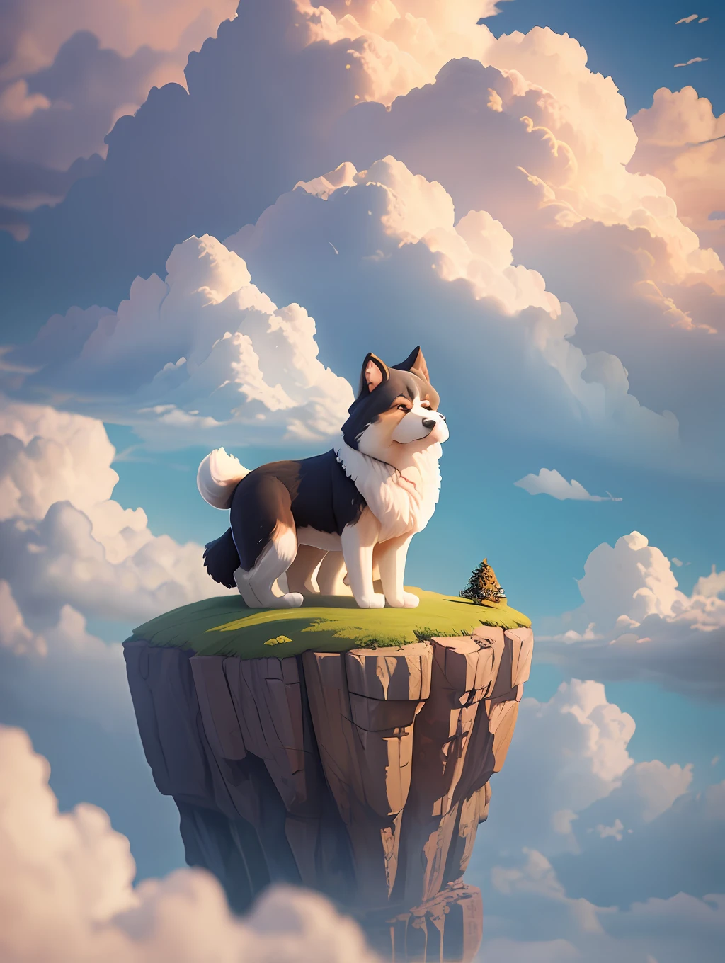 giant furry dog on a tiny cliff surrounded by clouds