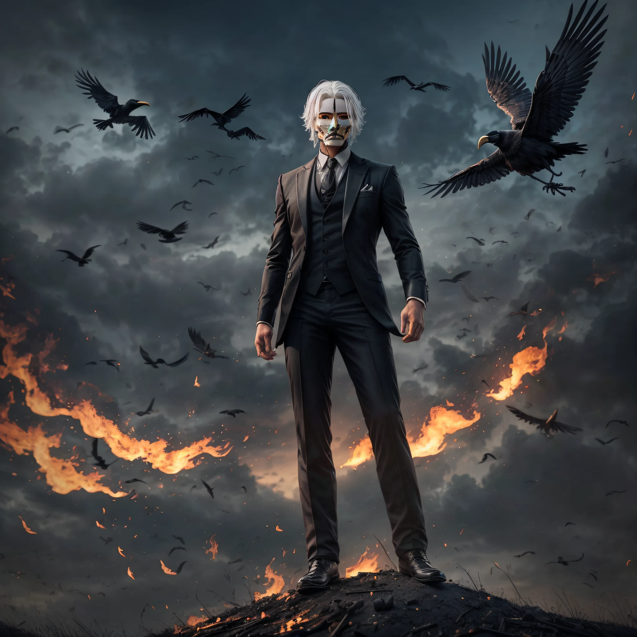 puts a skull iron mask with the black color on your face and improve the crows take the mistakes of the crows example has a crow that has 3 wings ta bugado correct and also put him holding a cane