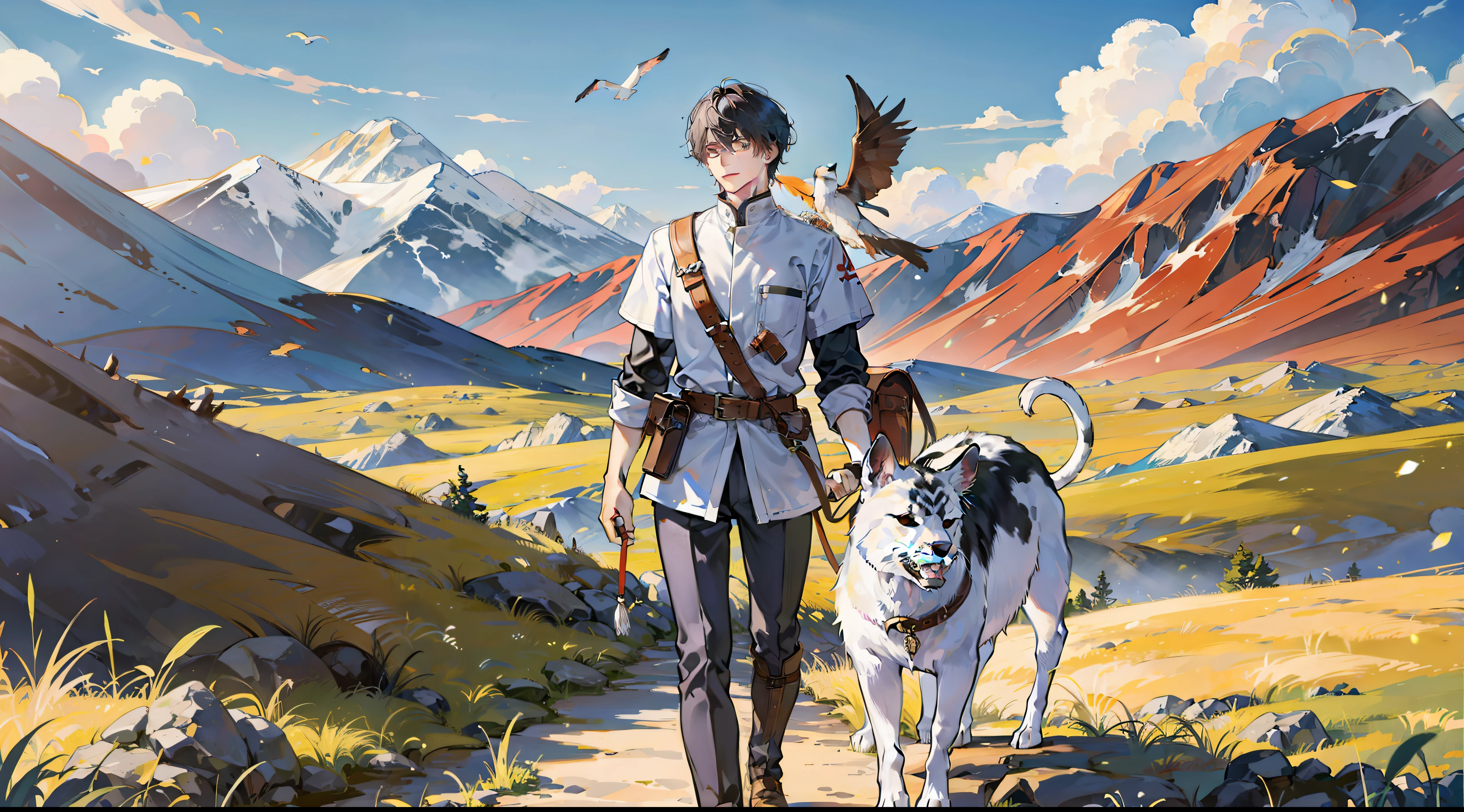 A man on the steppe in the middle of various animals