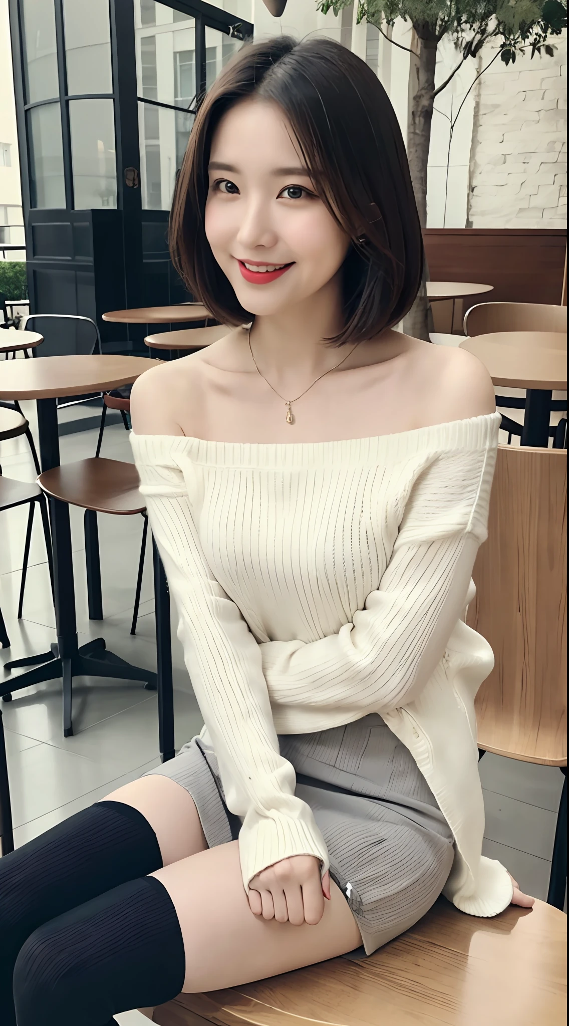 8K UHD, DSLR, Film Grain, Fujifilm XT3, (Best Quality: 1.3), (Masterpiece: 1.1), High Resolution, Cinematic Light, Intricate Detail, (Photorealistic), Outside, Beautiful Outside, Sunny, Beautiful Eyes, Big Eyes, Korean Girl, (Cafe: 1.5), Detailed Trees, Dimples, Bob Cut, Viewer's Watch, Bare Shoulders, pale beige sweater, ribbed sweater, (sitting)), cross-legged, black pencil skirt, high-waisted skirt, headrest, sitting, indoor, necklace, ((red full leg stockings))), seat transport sweater, (smile), slender (full body: 1.6),