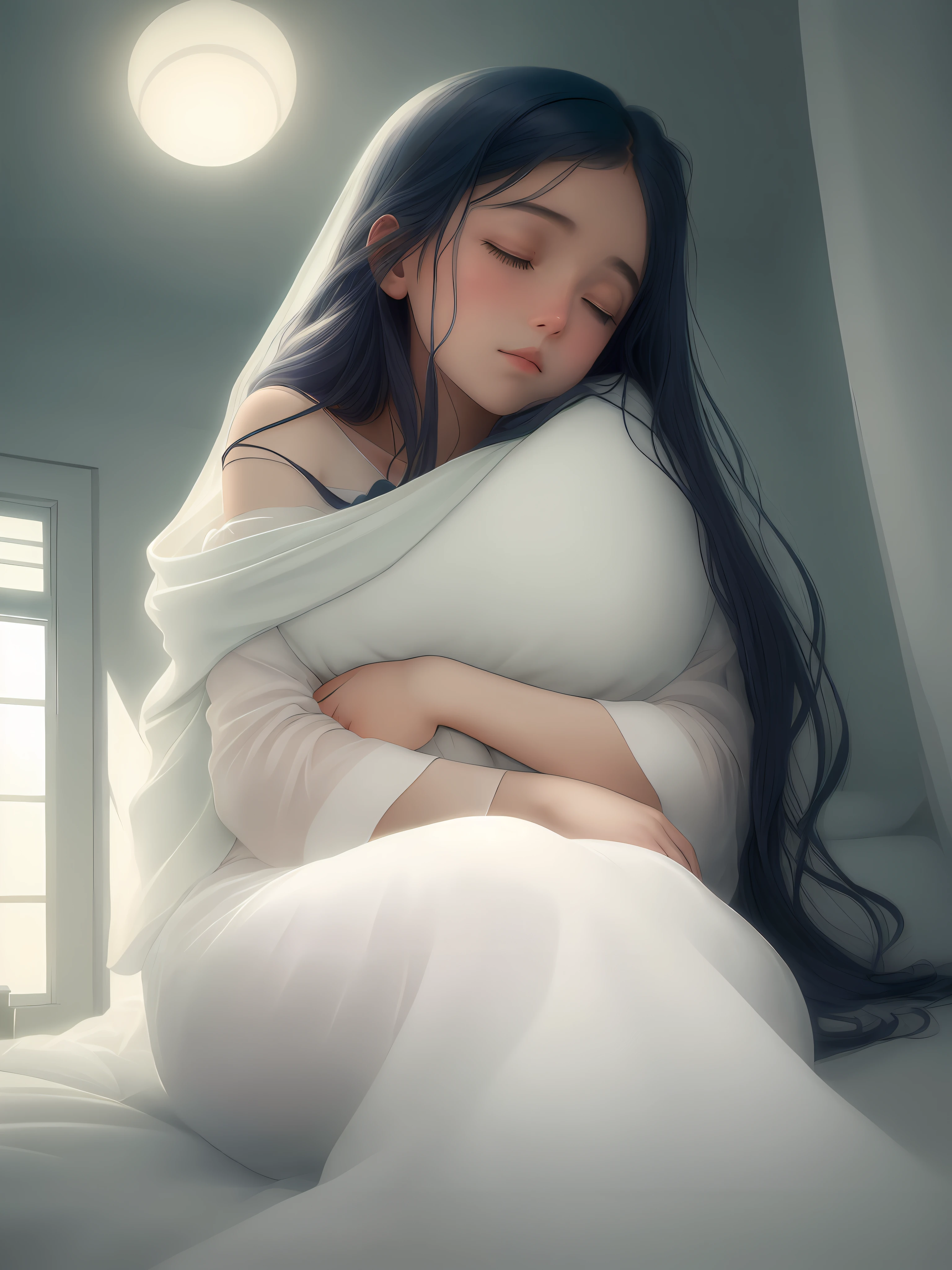 A girl peacefully slumbers, her gentle breathing and relaxed expression indicative of deep rest. Soft moonlight filters through the window, casting a delicate glow on her peaceful form. The room is adorned with cozy elements, such as plush pillows and warm blankets, creating a serene and comforting atmosphere. The illustration style draws inspiration from the dreamlike works of Salvador Dalí, known for his surreal and evocative compositions. The color palette encompasses soft pastels and gentle shades, enhancing the tranquil mood. The camera angle captures the girl in a serene and vulnerable position, inviting viewers to appreciate the beauty and tranquility of sleep.