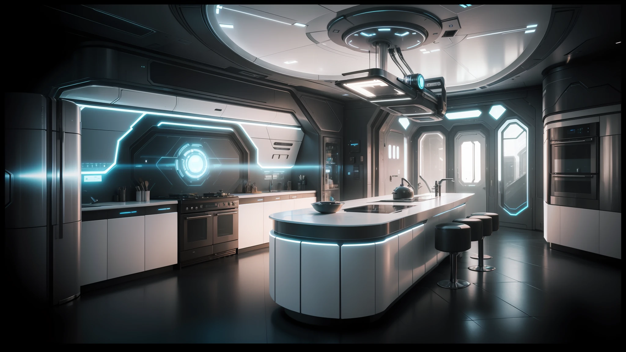 there is a futuristic kitchen with a bar and a sink, futuristic. game cg, sci - fi interior, futuristic interior, futuristic decor, unreal engine render concept art, futuristic room background, large futuristic residence, matte painting of steam machines, futuristic room, frame from prometheus movie, star citizen concept art, mass effect concept art, andree wallin, scifi room --auto --s2