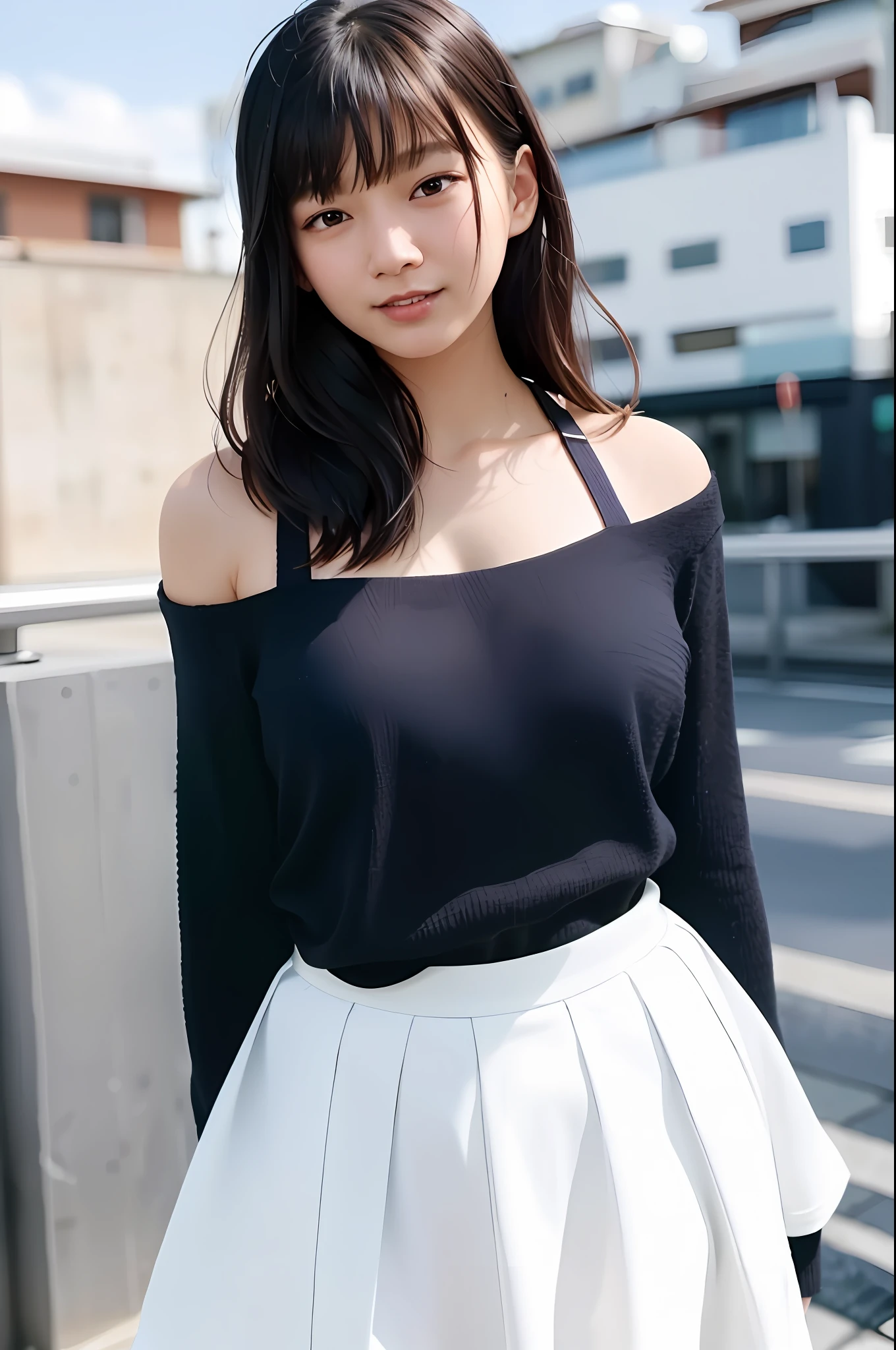 (skin blemish:1.2), (skindentation), black eye, 1woman, 18yo, (((woman))), solo, realistic, best quality, photorealistic, masterpiece, 8k, high res, solo, extremely detailed face, (professional lighting, bokeh), (light particles, lens flare, glowing particles:0.6), (dynamic pose:1.2), soft lighting, top angle view, fashionable and trendy atmosphere, kyoto, street, city, harbour, ((daytime)), sky, ((looking at the viewer:1)), (looking at the camera),(portrait:0.6), cowboy shot, gorgeous, standing, keep original facial proportion, wide shoulder, full body, (huge breast), (long hair), black hair, floating hair, lips, lipstick, seductive smile, floating hair, smile, open_mouth, teeth, (sleeves less white blouse), (jumper skirt), eyelashes, mole, (mole under eye:1),