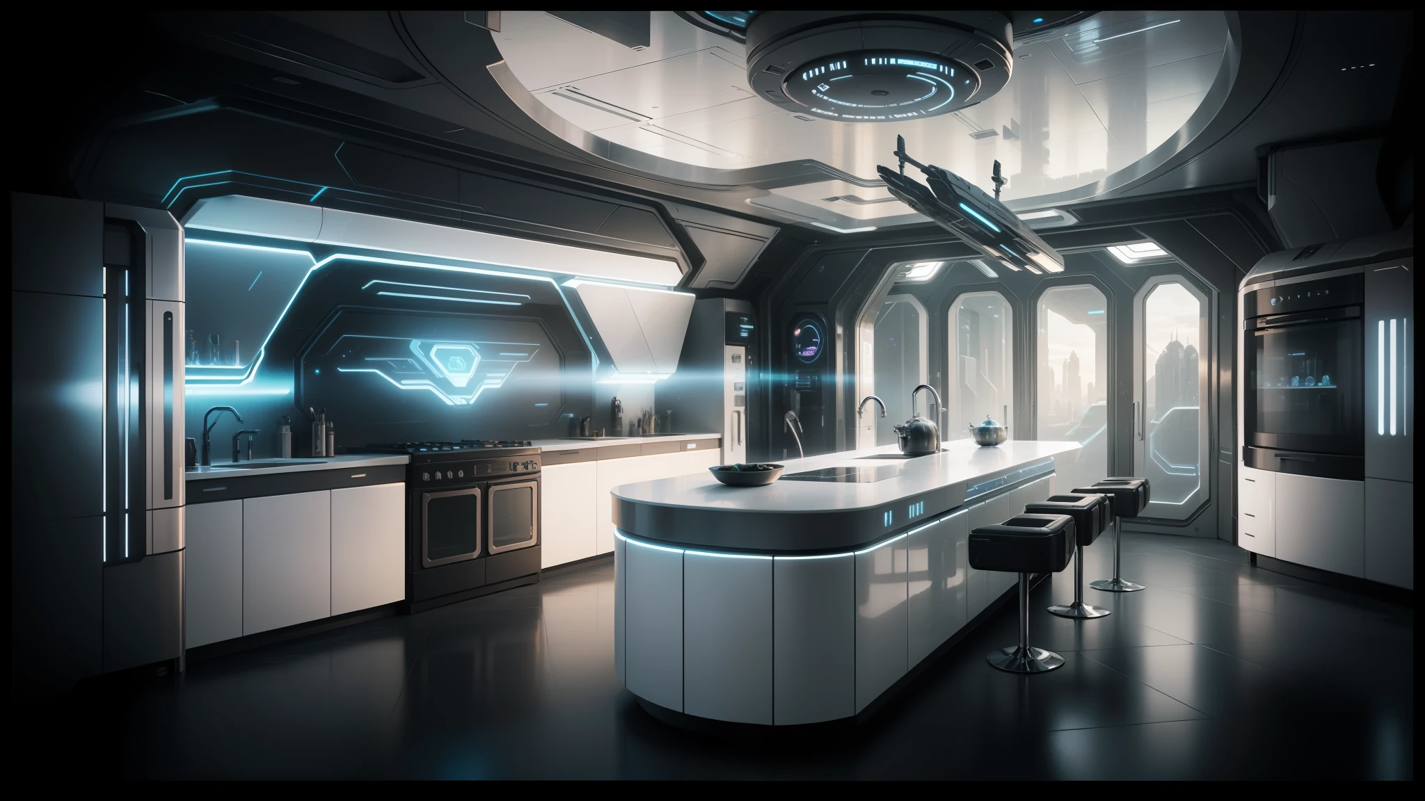 there is a futuristic kitchen with a bar and a sink, futuristic. game cg, sci - fi interior, futuristic interior, futuristic decor, unreal engine render concept art, futuristic room background, large futuristic residence, matte painting of steam machines, futuristic room, frame from prometheus movie, star citizen concept art, mass effect concept art, andree wallin, scifi room --auto --s2