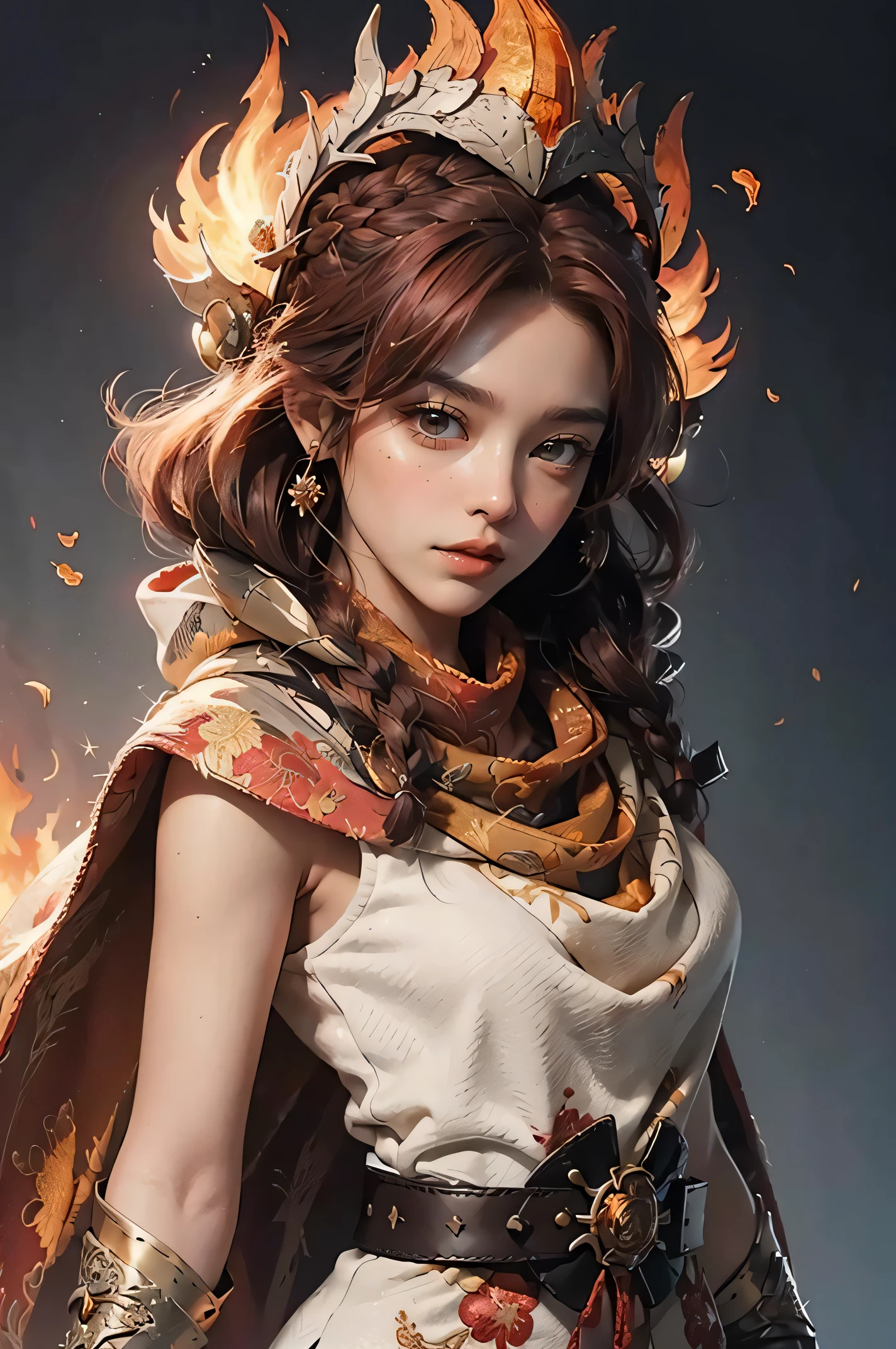 fire_deity, (red ember hair), flame_crown, ([brocade robe|fire-inspired gown]:1.3), [phoenix_cape::10], orange ([cowl:gold trim:0.4]:1.7) blazing on ([volcano cloak:solar cape:0.4]:1.5), forehead, controlling_fire, crimson eyes, waist_belt, obsidian_cuffs, volcanic_lair, fire_fan, [spiky, sunburst_braid:0.1], [gloves, fire_lantern, ember skirt:0.4],
Expressive Hues, Vibrant Palette,Dynamic Brushwork,sharp focus,