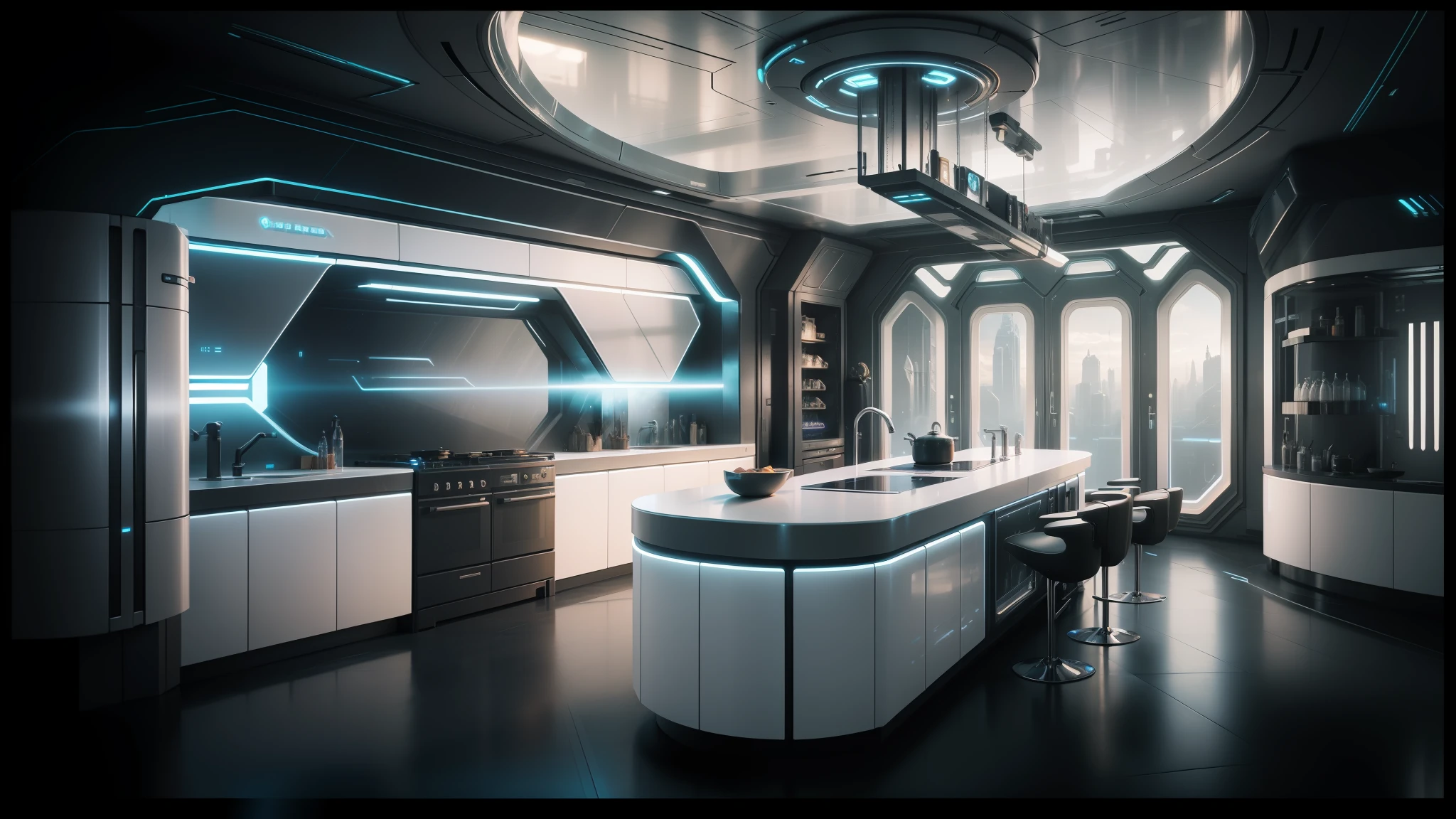 there is a futuristic kitchen with a bar and a sink, futuristic. game cg, sci - fi interior, futuristic interior, futuristic decor, unreal engine render concept art, futuristic room background, large futuristic residence, matte painting of steam machines, futuristic room, frame from prometheus movie, star citizen concept art, mass effect concept art, andree wallin, scifi room --auto --s2