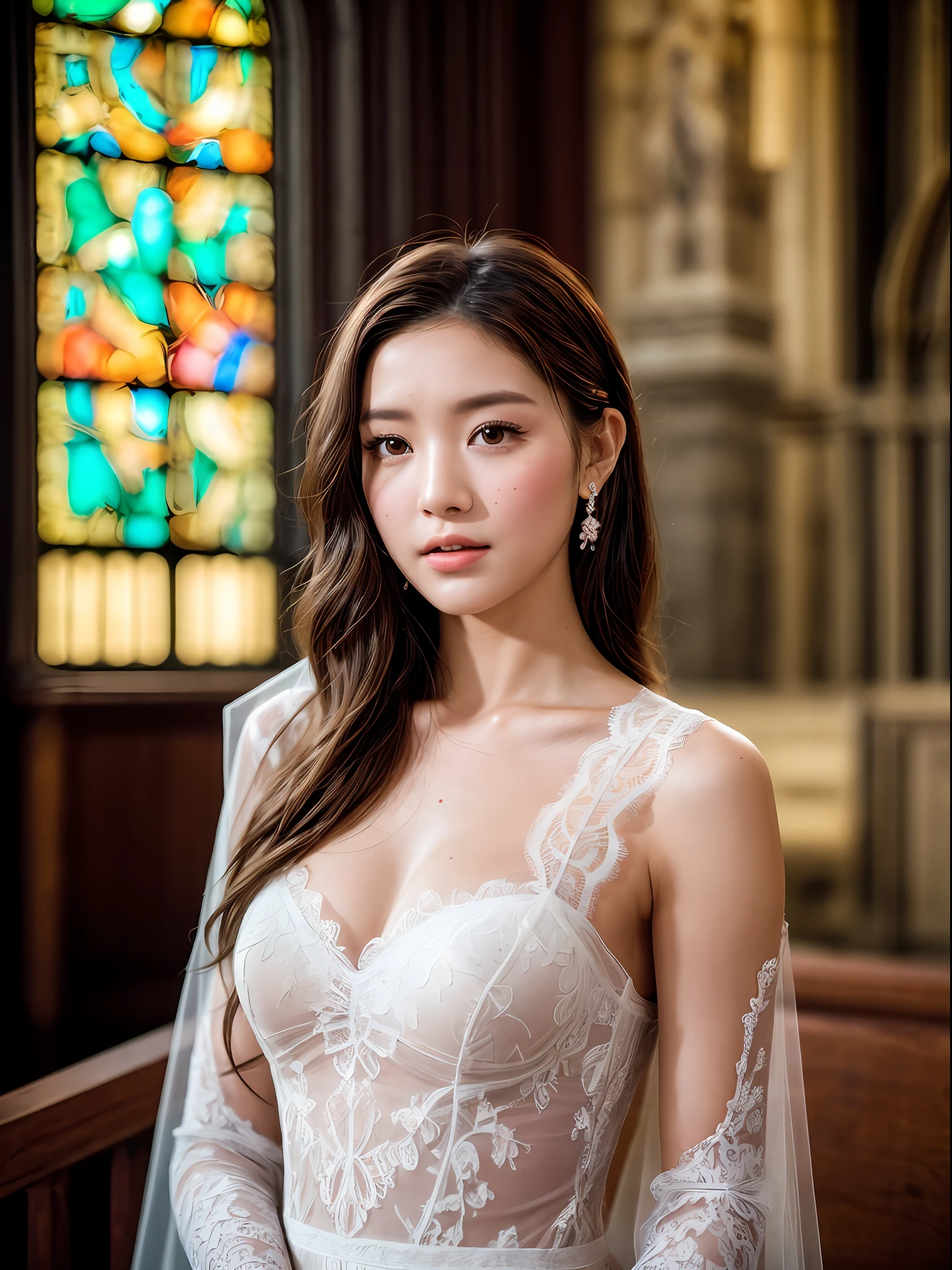 Ashleigh Emmalee, very young, beautiful, 8k, , (1girl:1.2), whole body, far angle camera, wear fashionable lace wedding dress: 0.75, different design weeding dress, nude:1.5, , in a church, elegant poses, dynamic shot,  masterpiece, best quality, ultra-detailed, ultra realistic:1.5, photorealistic:1.5 , analog style, bokeh, skin pores, (skin texture), (film grain:1.3), (warm hue, warm tone:1.2), cinematic light, sidelighting, ultra high res, best shadow, RAW, upper body, photoshoot by DSLR, Fujifilm XT3, medium full shot