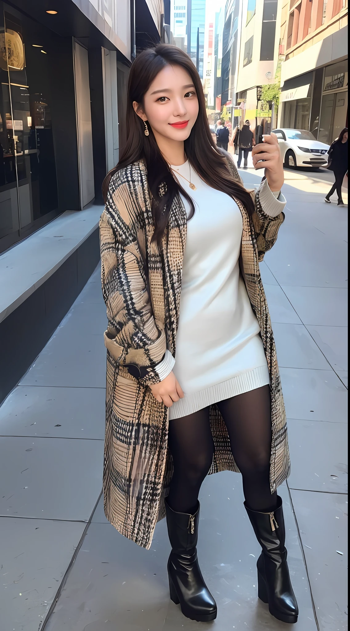 (Best Quality Detail: 1.2), Realistic, 8K UHD, HD, (1 Girl: 1.2), Ultra Detailed, High Quality Texture, Intricate Detail, Detailed Texture, Fine Detail, High Detail, Extremely Detailed CG, High Quality Shadows, Detailed Beautiful Delicate Face, Detailed Beautiful Delicate Eyes, Depth of Field, Ray Tracing, 20 years old, (A Beautiful 25 year old sexy Korean woman: 1.1), (Beautiful Kpop girl, Korean mixed), Big Tits, Tall Female, Beautiful Legs, Glowing eyes, blush, bright lips, perfect figure, skinny, (black sweater: 1.4), (open plaid coat: 1.3), (plaid skirt: 1.3), (pantyhose, ankle boots: 1.1), (bobo head: 1.1), street, sunlight, standing, lens halo, earrings, necklace, model, looking at the audience, (happy smile: 1.1), makeup, front, dynamic pose, black mole, crossbody bag, selfie,