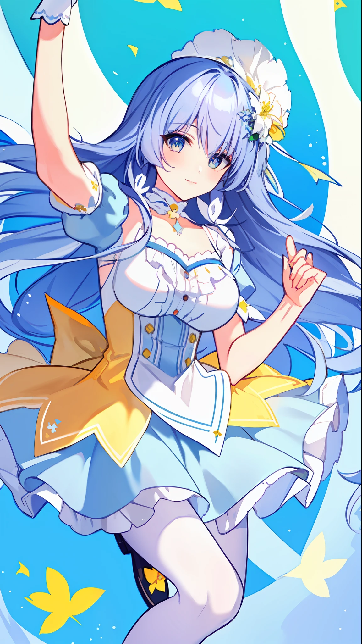 Left-facing, ((((Masterpiece)))), (((Best Quality))), (((Very Detailed))), Detailed Fingers, Illustration, 1 Girl, Solo, Long Sky Blue Hair, Violet Colored Eyes, Flower Hair Ornament, White Feather Hair Ornament, Yellow Moon Hair Ornament, Wide Open Chest, Large Breasts, Large White Ribbon at the Waist, Yellow Idol Dress, With White Flowers, Choker with Yellow Ribbon, White Gloves, White Tights , Yellow Shoes, MIKU, Royal Elegant Pose,