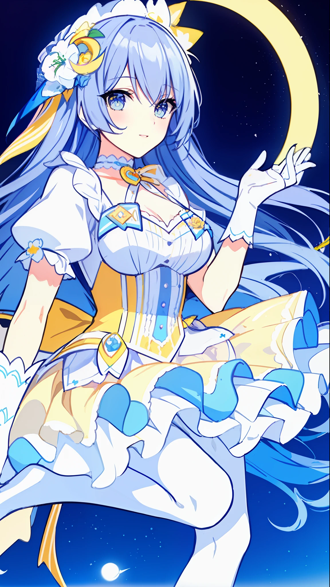 Left-facing, ((((Masterpiece)))), (((Best Quality))), (((Very Detailed))), Detailed Fingers, Illustration, 1 Girl, Solo, Long Sky Blue Hair, Violet Colored Eyes, Flower Hair Ornament, White Feather Hair Ornament, Yellow Moon Hair Ornament, Wide Open Chest, Large Breasts, Large White Ribbon at the Waist, Yellow Idol Dress, With White Flowers, Choker with Yellow Ribbon, White Gloves, White Tights , Yellow Shoes, MIKU, Royal Elegant Pose,