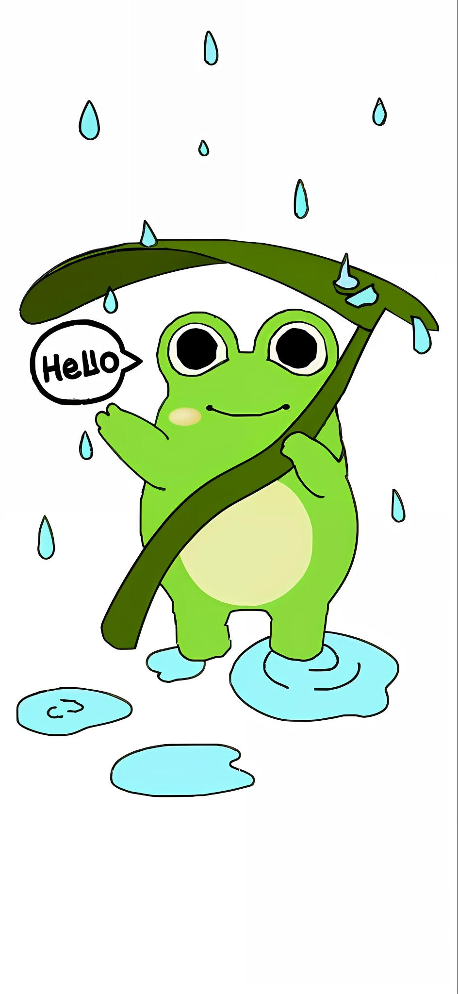 cartoon frog with umbrella in rain with hello sign, peepo the frog!!!, cute frog, the wednesday frog, hello, rain!!!!, frog, frog themed, froggy, alien frog, hey, けもの, inspired by Shūbun Tenshō, wet boody, with a cute toad, raining!!, kermit