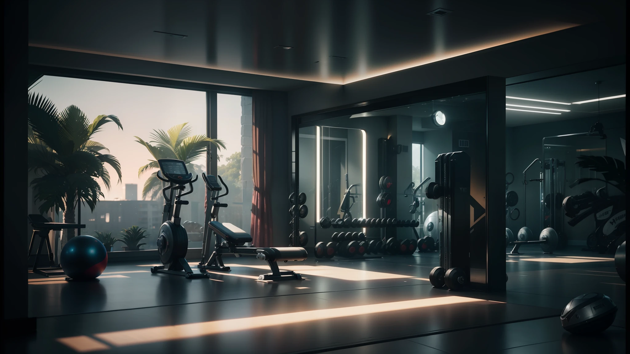 arafed view of a gym room with a tread machine and a mirror, unreal engine 5 render dramatic, unreal engine 5 render 16k, unreal engine 5 render, octane render unreal engine 8 k, unreal engine realistic render, hyperrealistic lighting studio, unreal engine 5 4k render, unreal engine 5 full rendering, unreal engine cinema4d --auto --s2