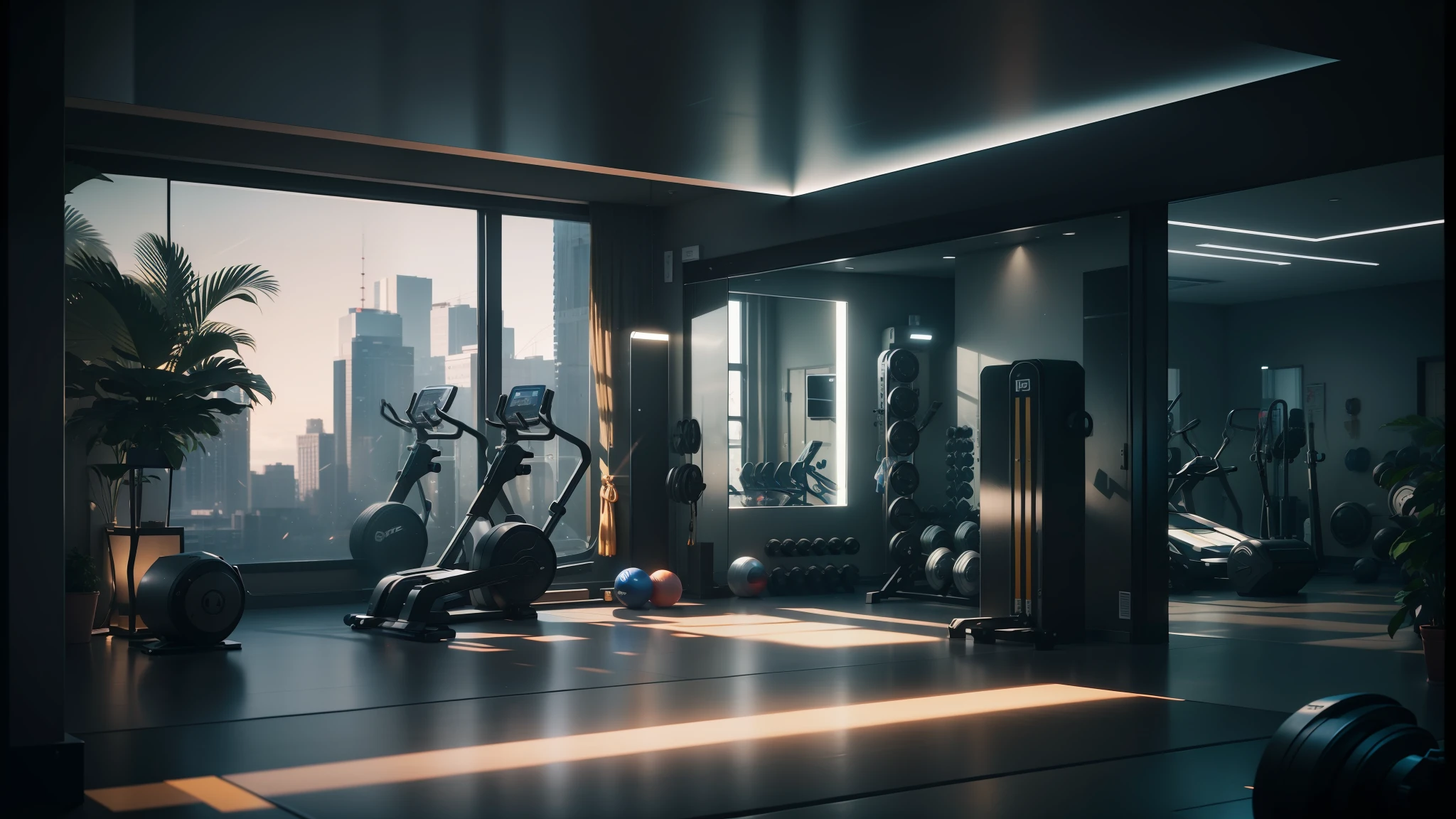arafed view of a gym room with a tread machine and a mirror, unreal engine 5 render dramatic, unreal engine 5 render 16k, unreal engine 5 render, octane render unreal engine 8 k, unreal engine realistic render, hyperrealistic lighting studio, unreal engine 5 4k render, unreal engine 5 full rendering, unreal engine cinema4d --auto --s2