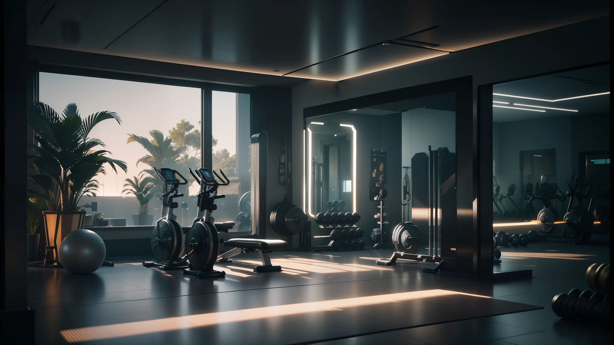 arafed view of a gym room with a tread machine and a mirror, unreal engine 5 render dramatic, unreal engine 5 render 16k, unreal engine 5 render, octane render unreal engine 8 k, unreal engine realistic render, hyperrealistic lighting studio, unreal engine 5 4k render, unreal engine 5 full rendering, unreal engine cinema4d --auto --s2