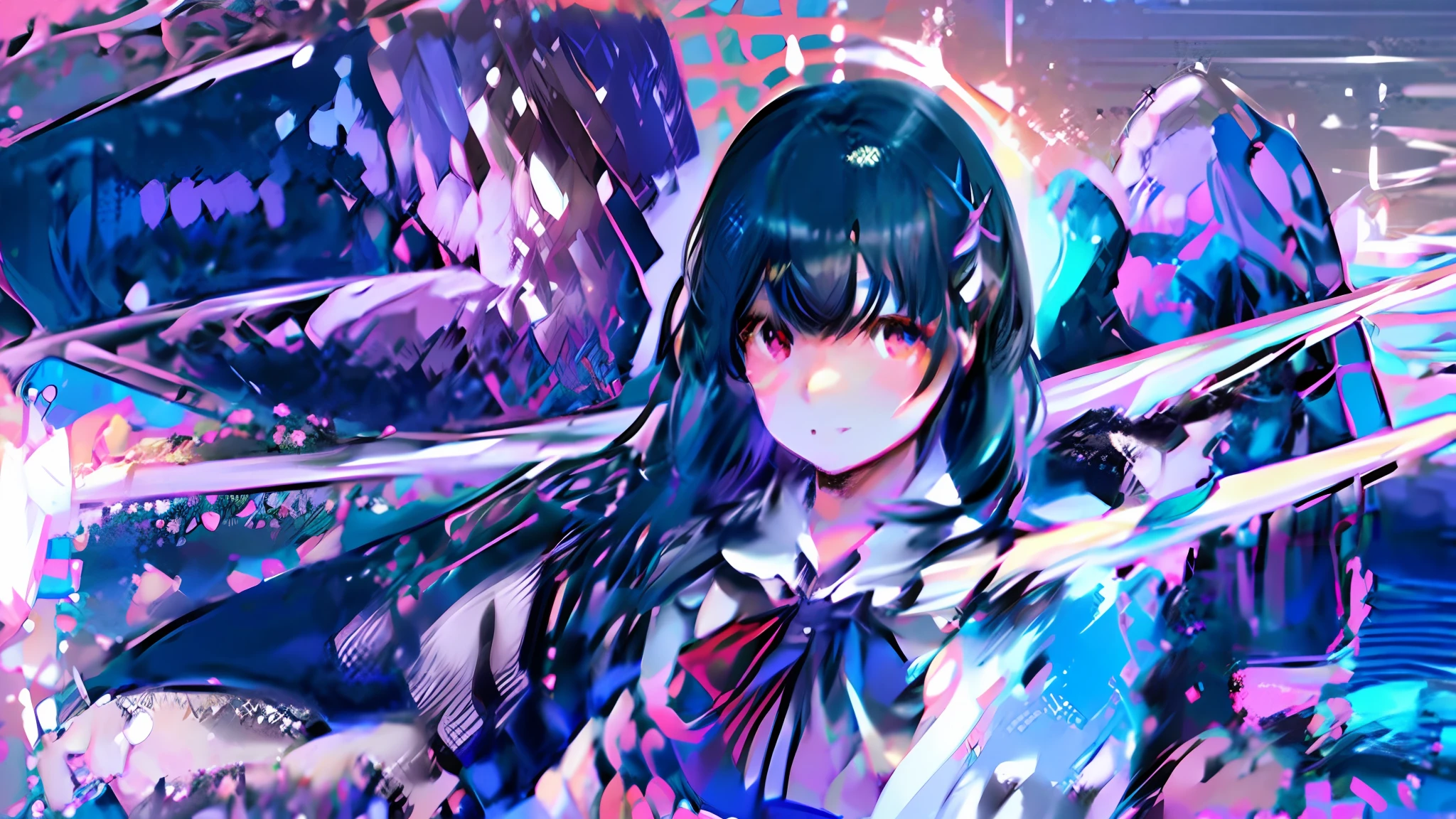Best quality, Masterpiece, Illustration, Wallpaper,1girl, Solo, School uniform, Skirt, Semi long hair, Beautiful detailed girl, Very detailed eyes and face, Beautiful detailed eyes, Shy, natural_lighting, Glow, nsfw, pretty sky, looking viewer, outdoors, night sky, stars, loafers, pantyhose, blue bow tie, straight hair, purple petals, Purple and blue flowers, hair ornament, gray hair, thighs, big tits, red eyes,, masterpiece, best quality, ultra detail, illustration, close-up,girl, solo, shirt, skirt, gray hair, hair ribbon, red eyes, long hair, white shirt, black skirt, blue bow tie, indigo bow tie, dark blue bow tie, between the hair, looking viewer, white collar shirt, upper body, depth of field, deep purple sky, Hands in pockets, Uniform, NSFW, Big tits, Expressionless, Detailed description of eyes, Detailed description of face, Glow, Eyelash details, Standing, Fine glow, Natural light, Clear hair, Night sky, Twinkling stars, Shooting stars, Clear weather, Starry sky, Breeze