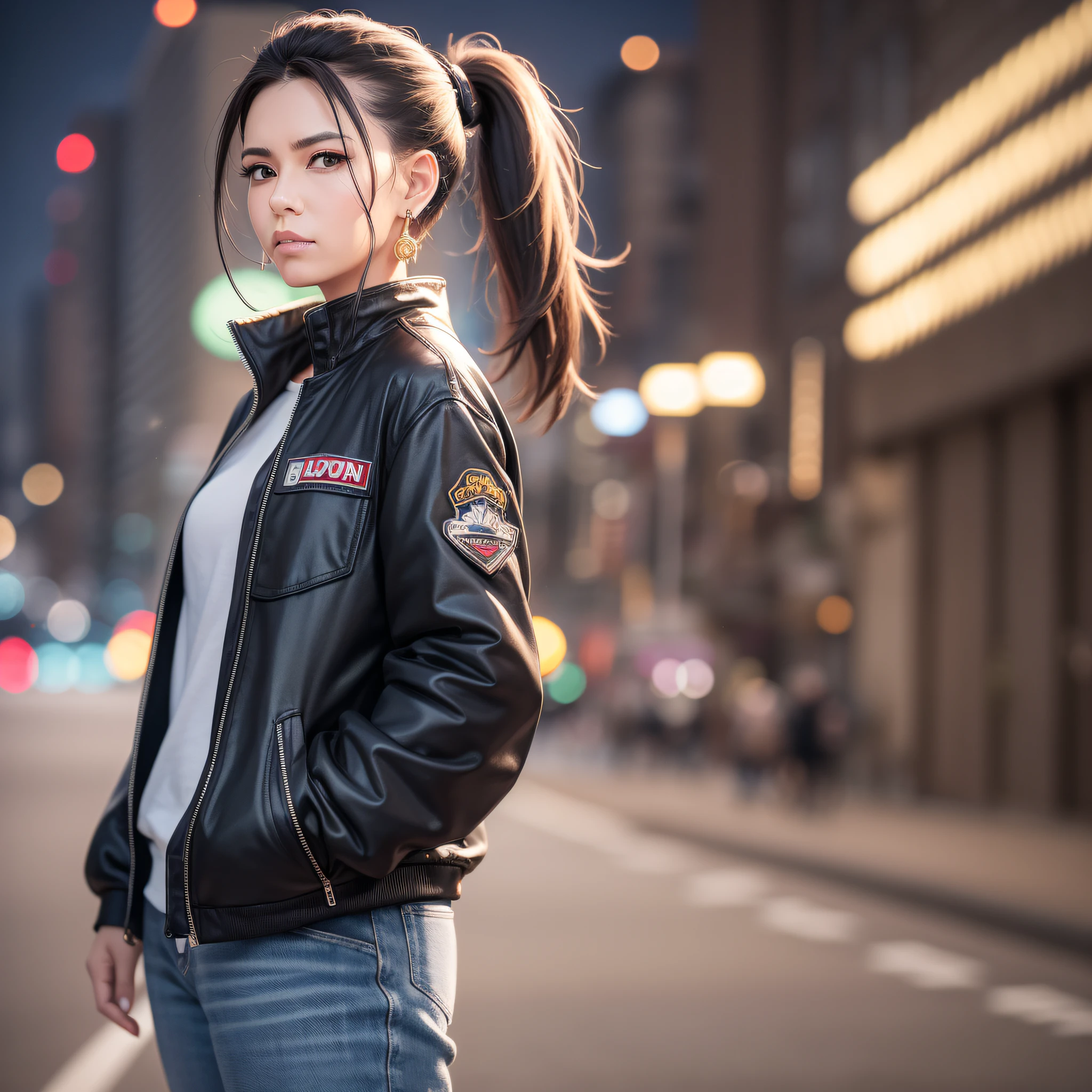 A baddass, poor, ponytail haired woman, standing on a road, hand in jacket pockets, loong earings, bokeh, focused, depth of field, night time, long exposure shot, full body