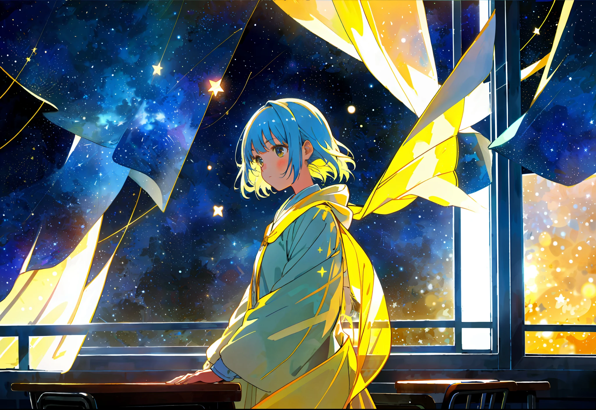 The girl in the classroom sat as she quietly stared out the window. The light is yellow, but outside the window is wrapped in dark night, stars and universe. The stars twinkle and the scene is dreamlike. The breeze blew and her figure gradually disappeared under the picturesque night sky.