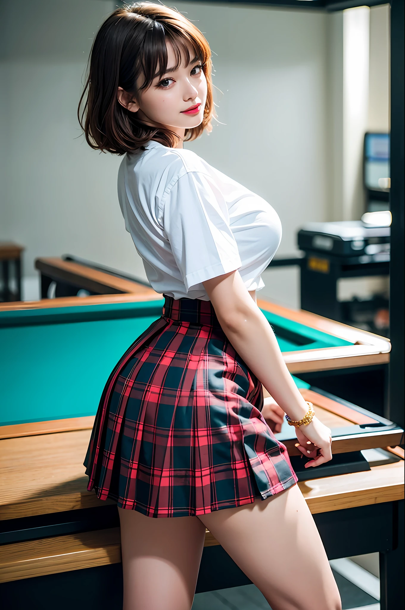 nsfw, 8K raw photo, best quality, masterpiece, super high resolution, film grain, film, 1girl, looking at the audience, natural skin texture, realistic eye and face details, full lips, lipstick, (makeup), red eye shadow, short fluffy hair, messy hair, smile, shut up, beautiful legs, tall woman, thin, slim_legs, solo, huge breasts, buttocks posing against you, miniskirt, ass, shirt, standing next to pool table, pool hall, (detailed background), plaid skirt, white shirt, huge breasts, show a little through shirt, loafers, blurred background, blur, hold, plaid , short sleeves, jk ribbon at neck, jk ribbon, brown hair, bracelet, water, bangs, school uniform, jewelry, parted lips, lips, from side, pleated skirt, depth of field