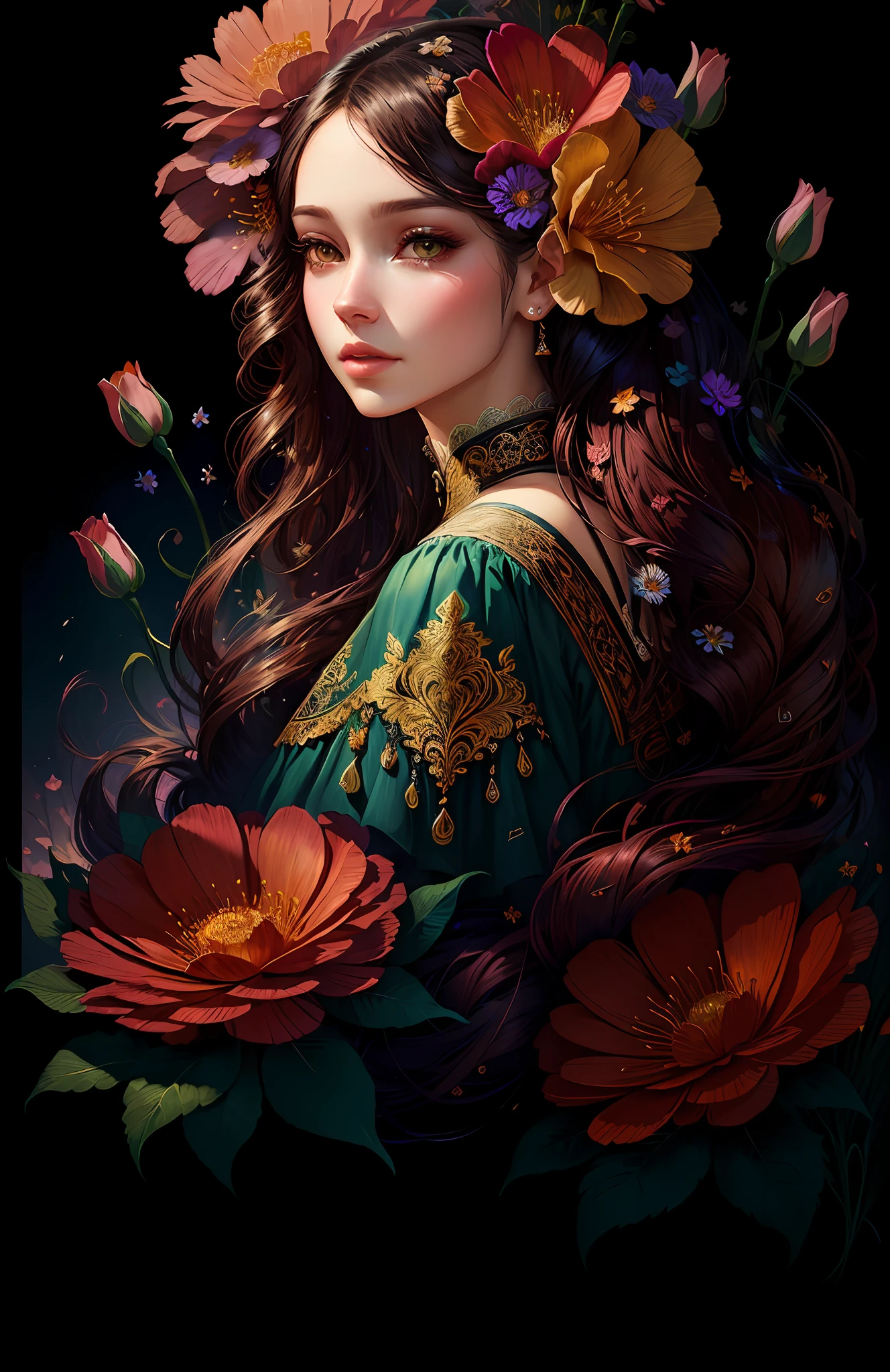 a close up of a woman with flowers in her hair, beautiful digital illustration, beautiful fantasy art portrait, charlie bowater rich deep colors, stunning digital illustration, exquisite digital illustration, a beautiful artwork illustration, in the art style of bowater, beautiful fantasy maiden, flower goddess, beautiful gorgeous digital art, beautiful digital artwork, beautiful fantasy art, fantasy style art
