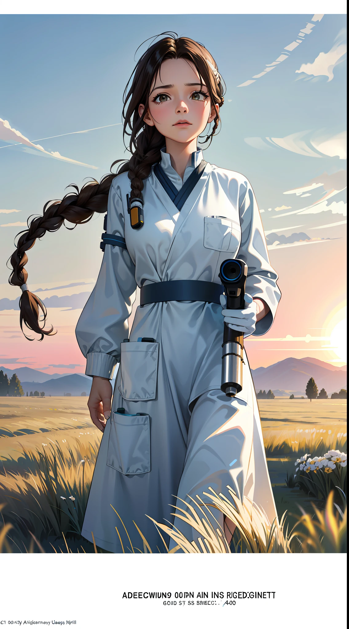 Movie Poster,Single,Most Real,Highest Resolution,Face Resolution,(((Braid Hairstyle: 1.5)),Science Fiction,Sci-Fi,Based on the movie Foundation,View from Front,Angry,Middle-aged Adults,40-Year-Old Women,Black One-Sided Hairstyle,Brown Eyes,(Reference to White Scientist Set :1.5),Filed in the middle of an open meadow with a breeze blowing,Top quality images