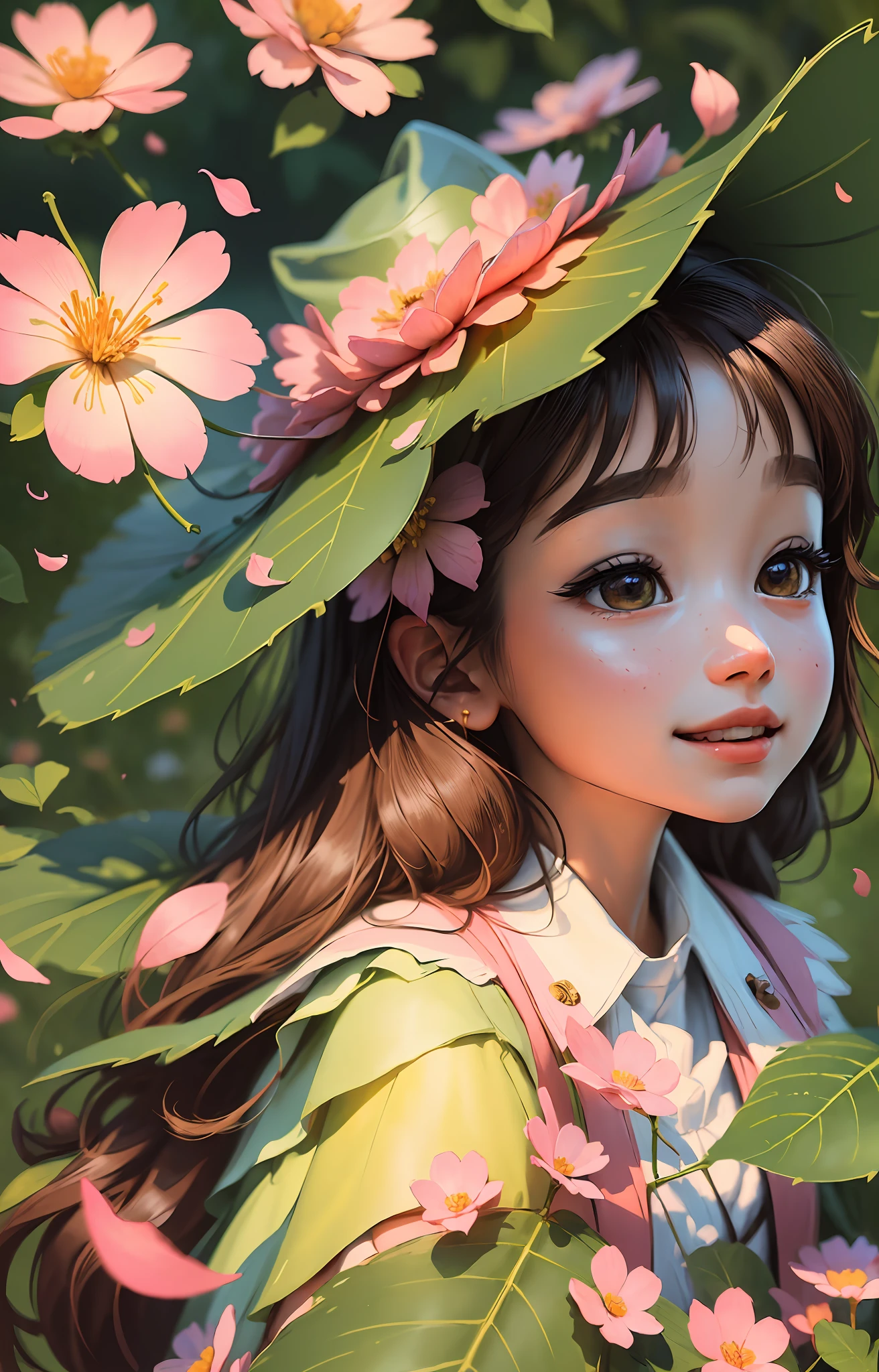 Masterpiece, best quality, (very detailed CG Unity 8k wallpaper) (best quality), (best illustration), (best shadow) with a little girl, hat, happy, nature's delicate leaves petals of various colors fall in the air light tracking, super detailed,