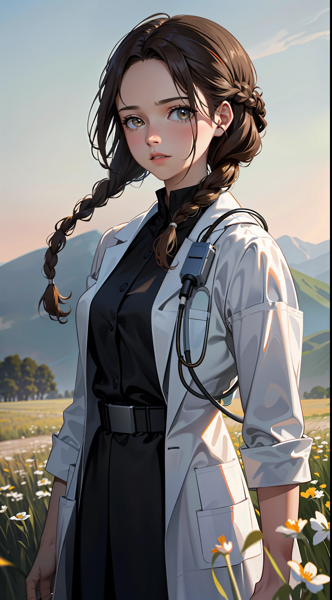Movie Poster,Single,Most Real,Highest Resolution,Face Resolution,(((Braid Hairstyle: 1.5)),Science Fiction,Sci-Fi,Based on the movie Foundation,View from Front,Angry,Middle-aged Adults,40-Year-Old Women,Black One-Sided Hairstyle,Brown Eyes,(Reference to White Scientist Set :1.5),Filed in the middle of an open meadow with a breeze blowing,Top quality images