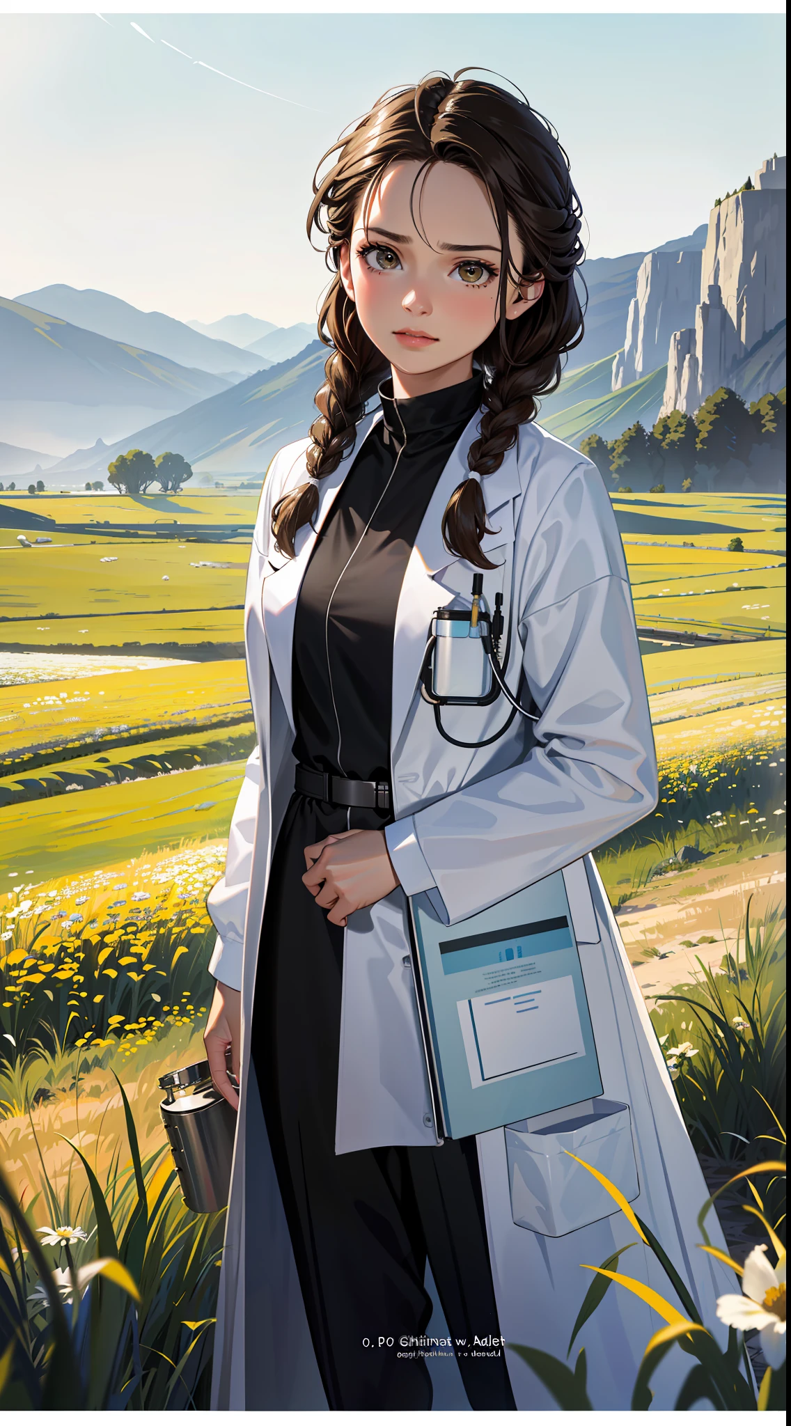 Movie Poster,Single,Most Real,Highest Resolution,Face Resolution,(((Braid Hairstyle: 1.5)),Science Fiction,Sci-Fi,Based on the movie Foundation,View from Front,Angry,Middle-aged Adults,40-Year-Old Women,Black One-Sided Hairstyle,Brown Eyes,(Reference to White Scientist Set :1.5),Filed in the middle of an open meadow with a breeze blowing,Top quality images