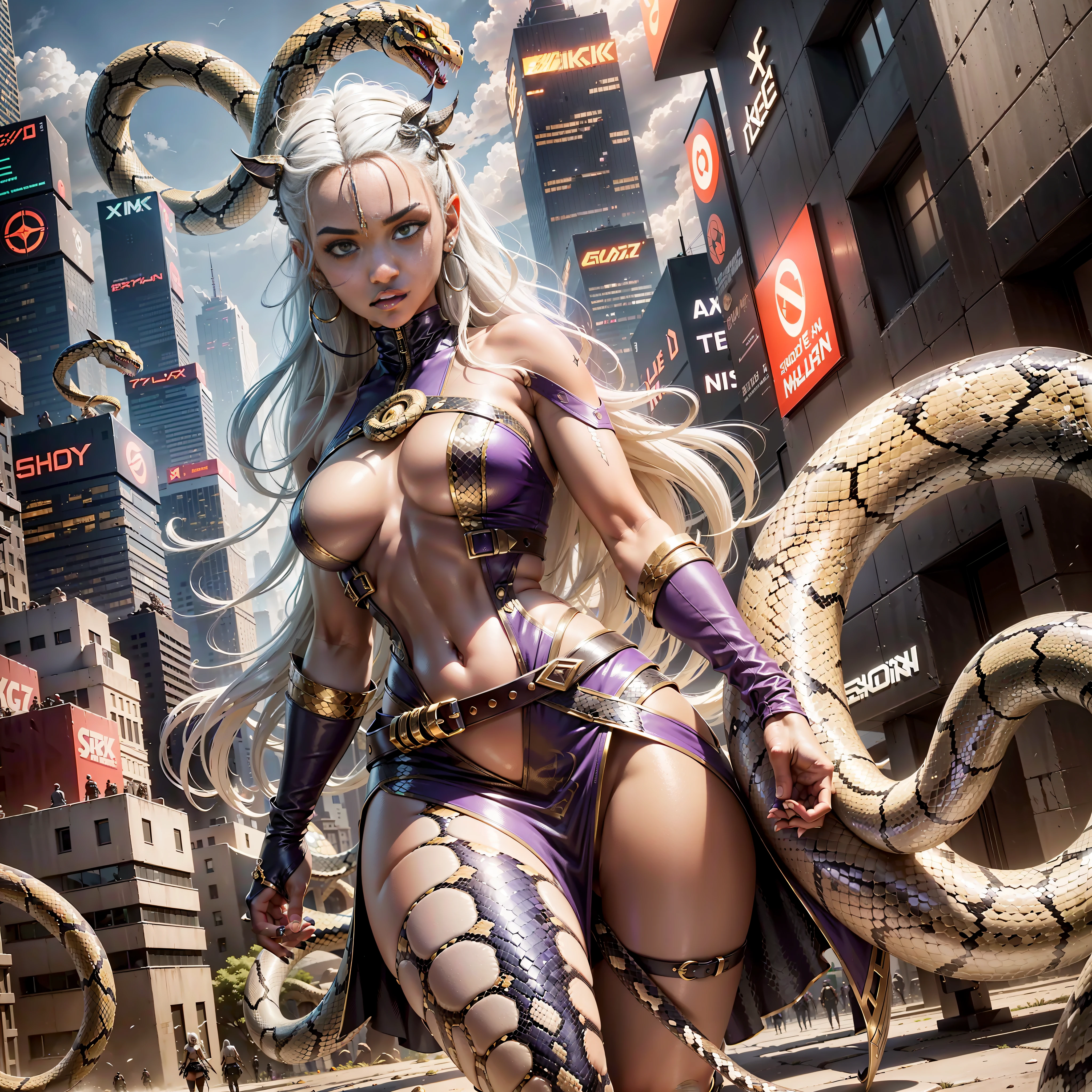 (Best Quality)), (Masterpiece)), (Details: 1.4), 3D, (Image of an exotic young brown-skinned young woman in a beautiful snake cyberpunk suit), HDR (High Dynamic Range), Cyber Shocker Belt, Ray Tracing, NVIDIA RTX, Super Resolution, Unreal 5 , Subsurface Scattering, PBR Texturing, Post-Processing, Anisotropic filtering, depth of field, maximum clarity and sharpness, multi-layer textures, albedo and specular maps, surface shading, accurate simulation of light-material interaction, perfect proportions, addition of snake circlets, pointed ears, snake earrings python texture, snake woman, white silver long hair, purple lipstick, Snake skin pattern texture, sharp eyeliner, Medusa style, (full body depiction)), hair ornament made up of countless small snakes, robes, snake eye, rugged look, sharp focus, octane rendering, two-tone lighting, wide aperture, low ISO, white balance, rule of thirds, 8K RAW, circuit board AI, 4k, human five-fingered, fog, (( Background of the city at night attacked by countless large snakes)), (((brown-skinned young woman)), ((right leg changes to a large snake)), ((erases thigh details)), ((adds snakeskin knee-high boots))