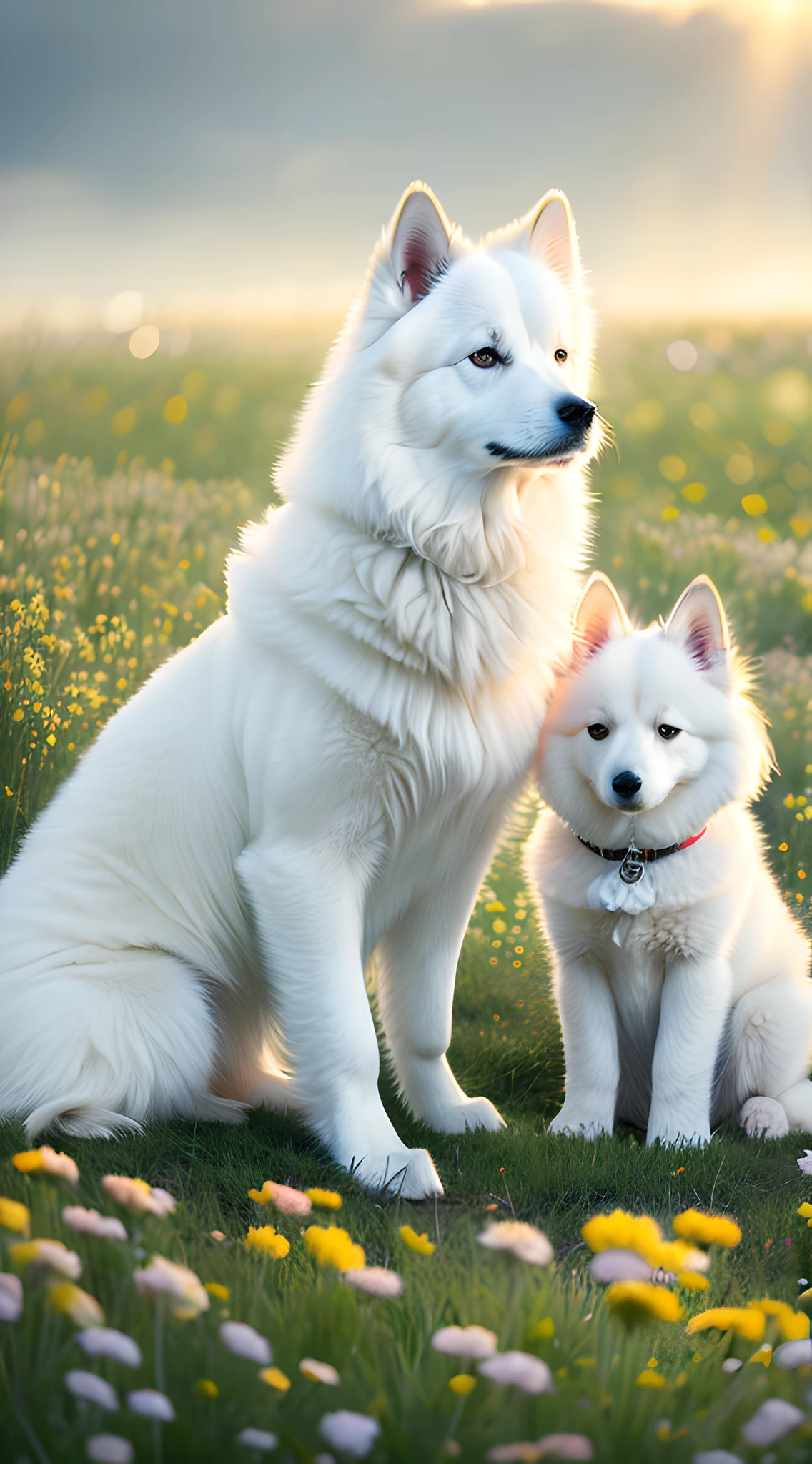 There are two white dogs sitting in a flower field, Samoyed, one big and one small, (the small one looks at the big one), furry full of light, soft volumetric light, (backlight: 1.3), (movie: 1.2), intricate details, (ArtStation: 1.3), Rutkowski